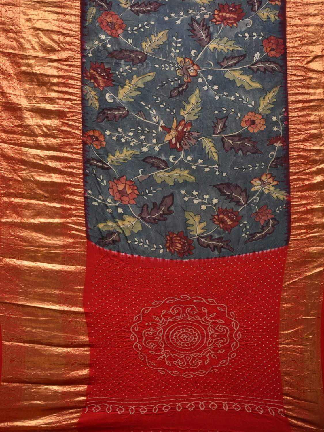 Grey and Red Kalamkari Hand Painted Kanchipuram Silk Handloom Saree with Bandhani Pallu Design KL0450