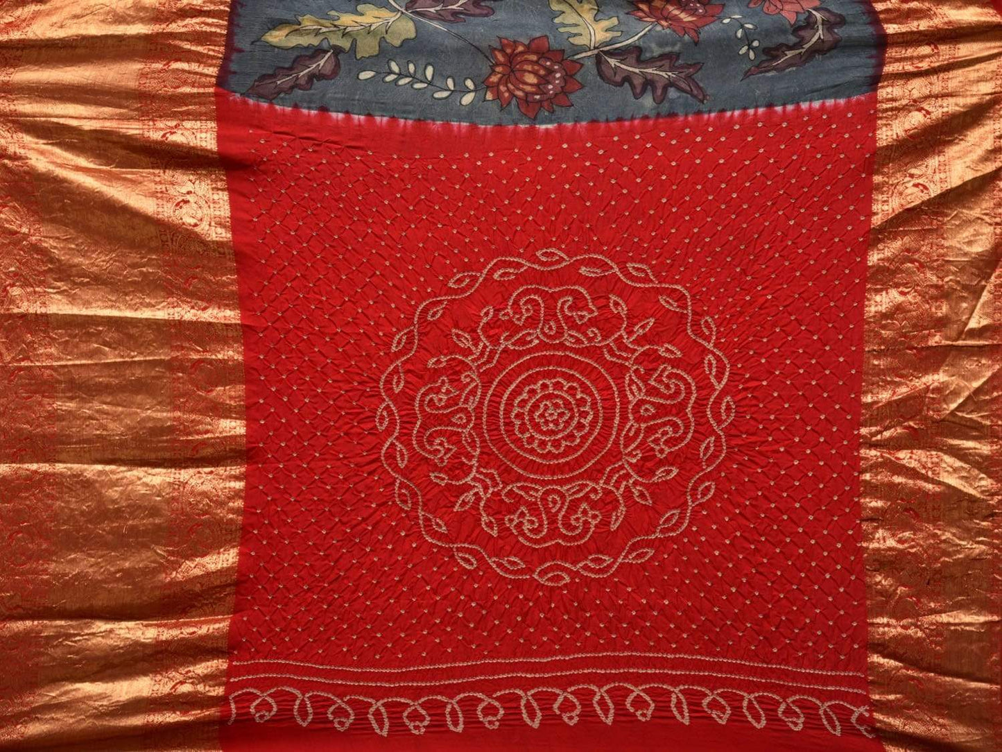 Grey and Red Kalamkari Hand Painted Kanchipuram Silk Handloom Saree with Bandhani Pallu Design KL0450