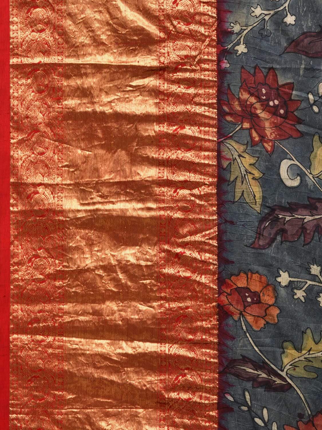 Grey and Red Kalamkari Hand Painted Kanchipuram Silk Handloom Saree with Bandhani Pallu Design KL0450