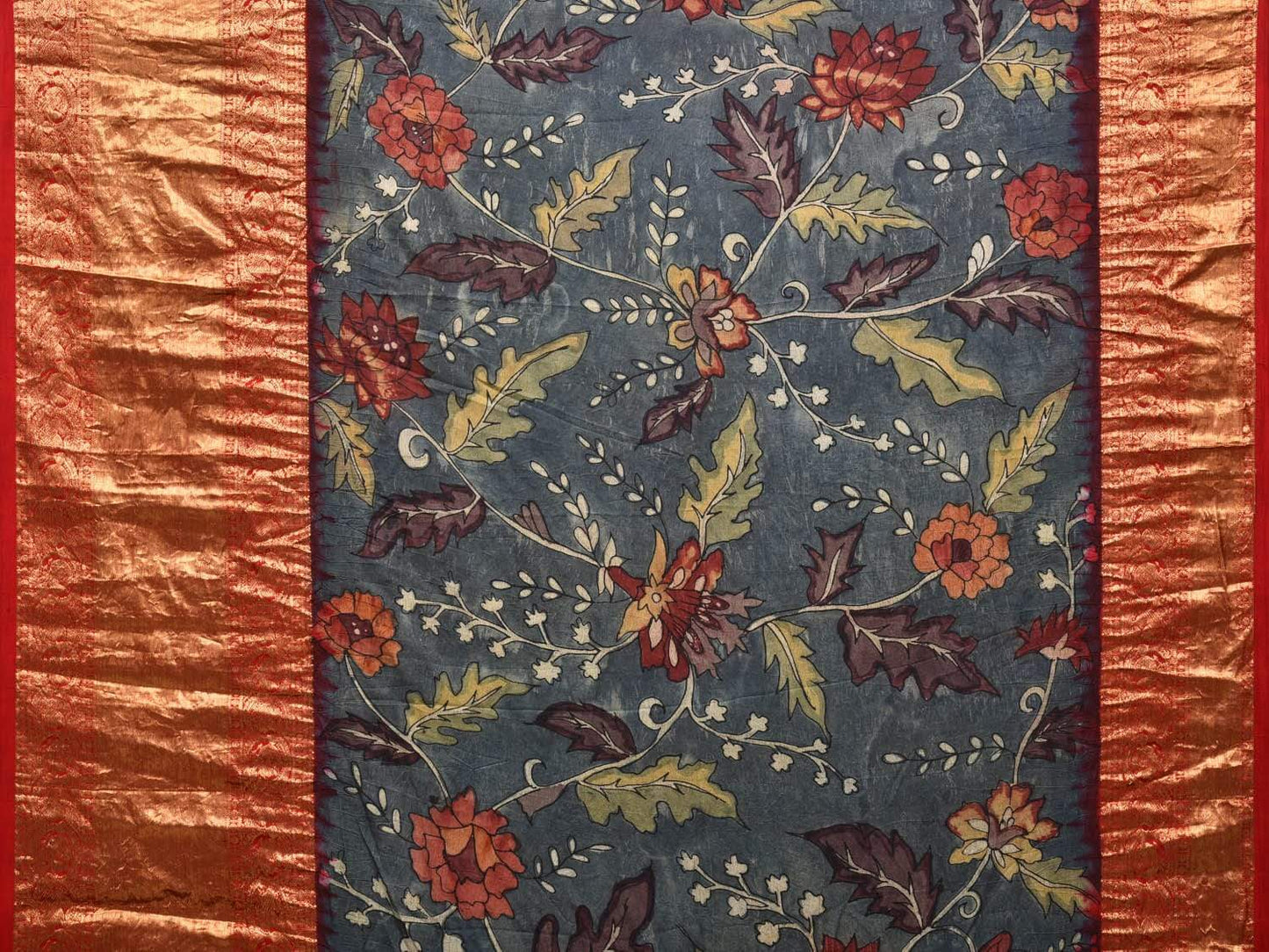 Grey and Red Kalamkari Hand Painted Kanchipuram Silk Handloom Saree with Bandhani Pallu Design KL0450