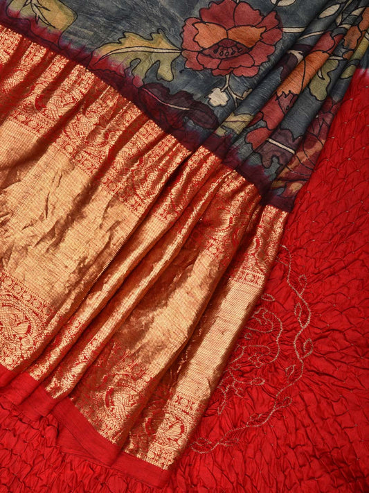 Grey and Red Kalamkari Hand Painted Kanchipuram Silk Handloom Saree with Bandhani Pallu Design KL0450