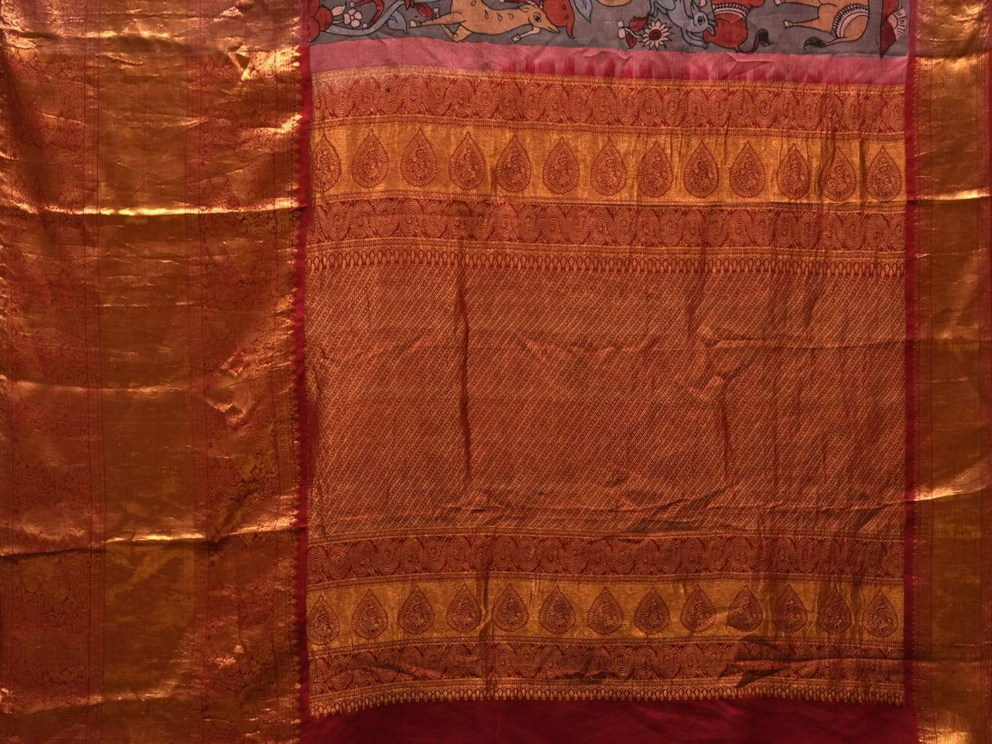 Grey and Red Kalamkari Hand Painted Kanchipuram Silk Handloom Saree with Dashavatar Design KL0539