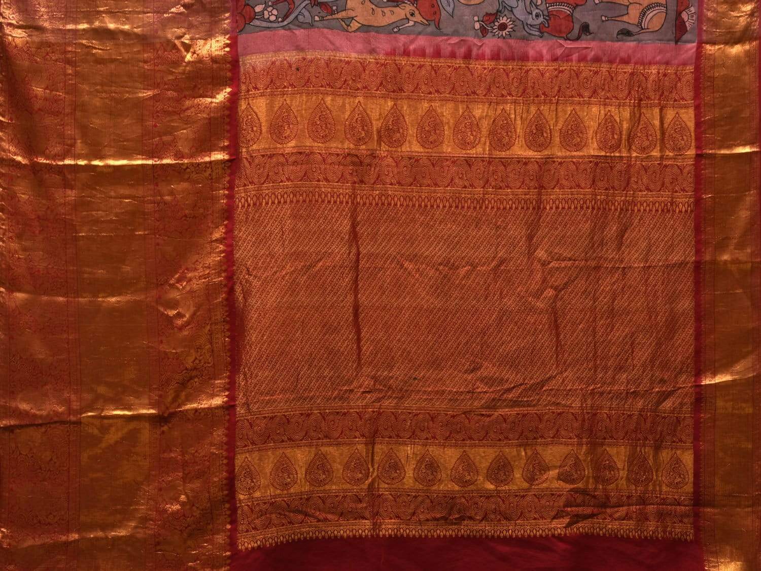 Grey and Red Kalamkari Hand Painted Kanchipuram Silk Handloom Saree with Dashavatar Design KL0539
