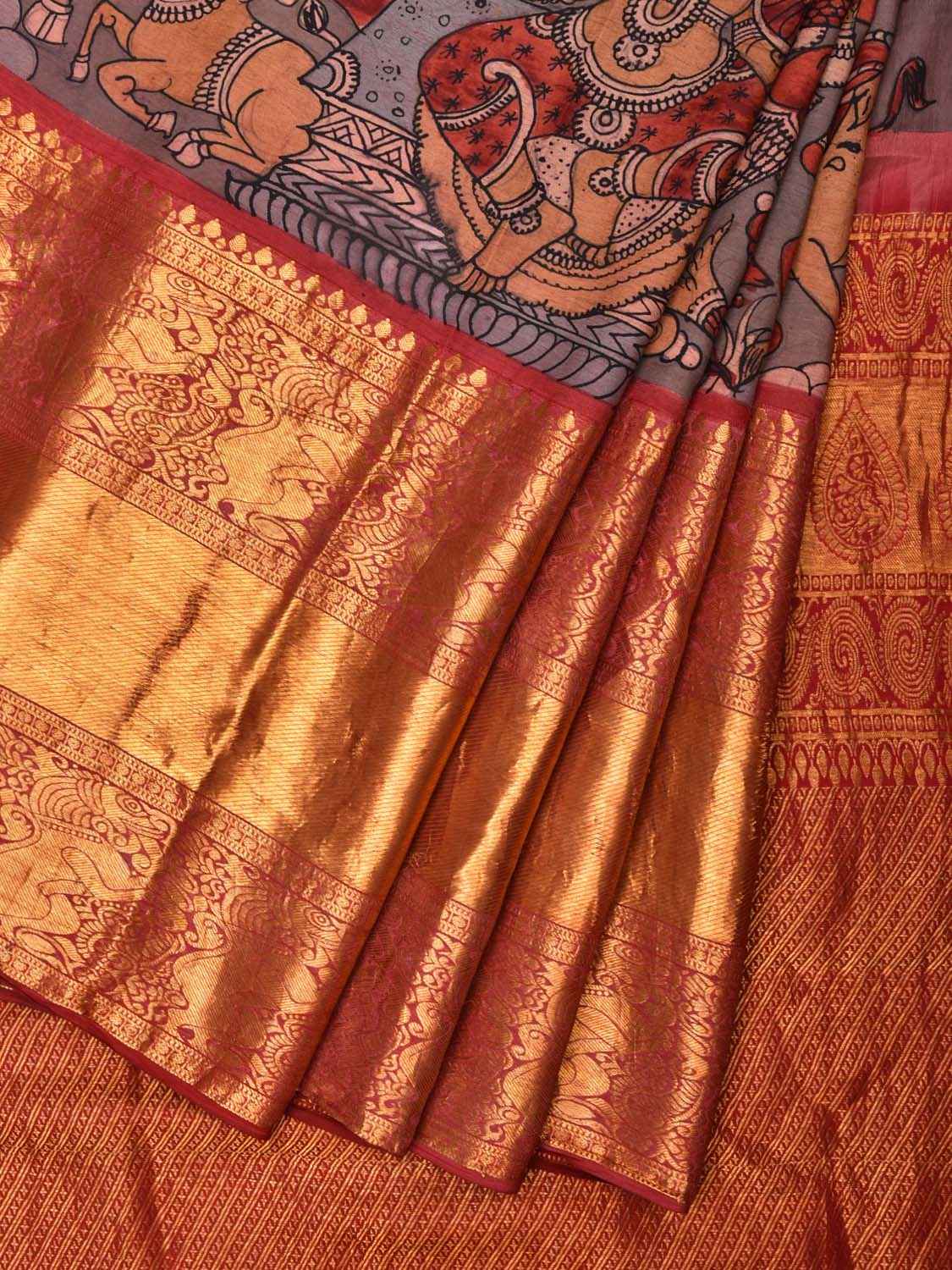 Grey and Red Kalamkari Hand Painted Kanchipuram Silk Handloom Saree with Dashavatar Design KL0539