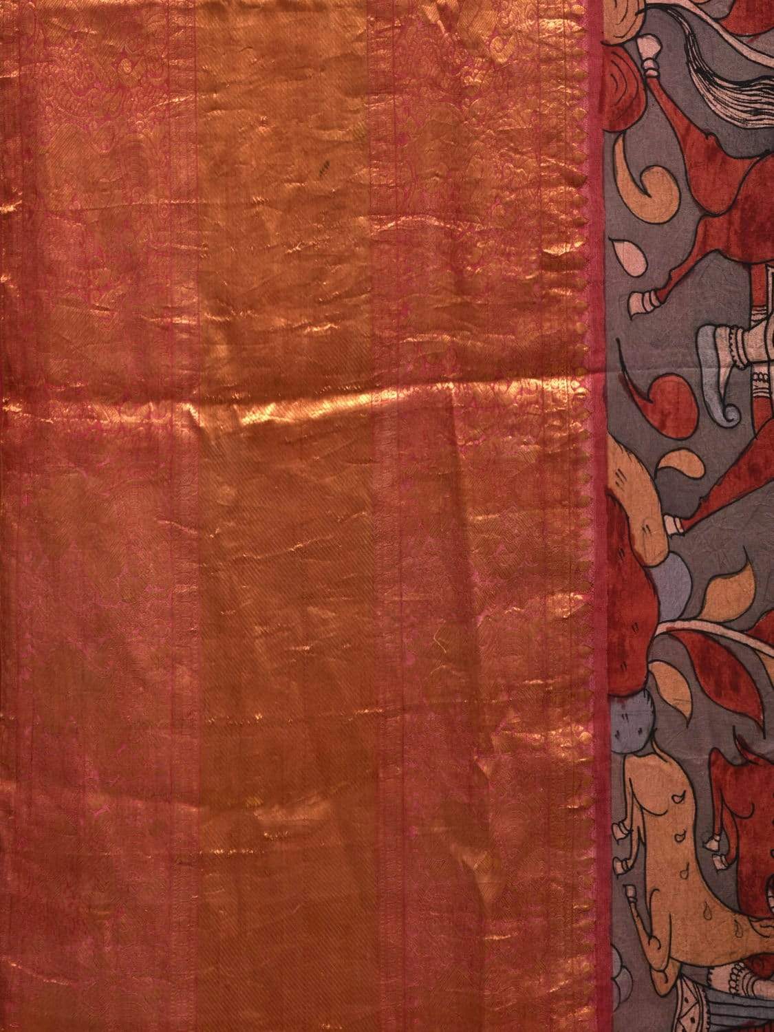 Grey and Red Kalamkari Hand Painted Kanchipuram Silk Handloom Saree with Dashavatar Design KL0539