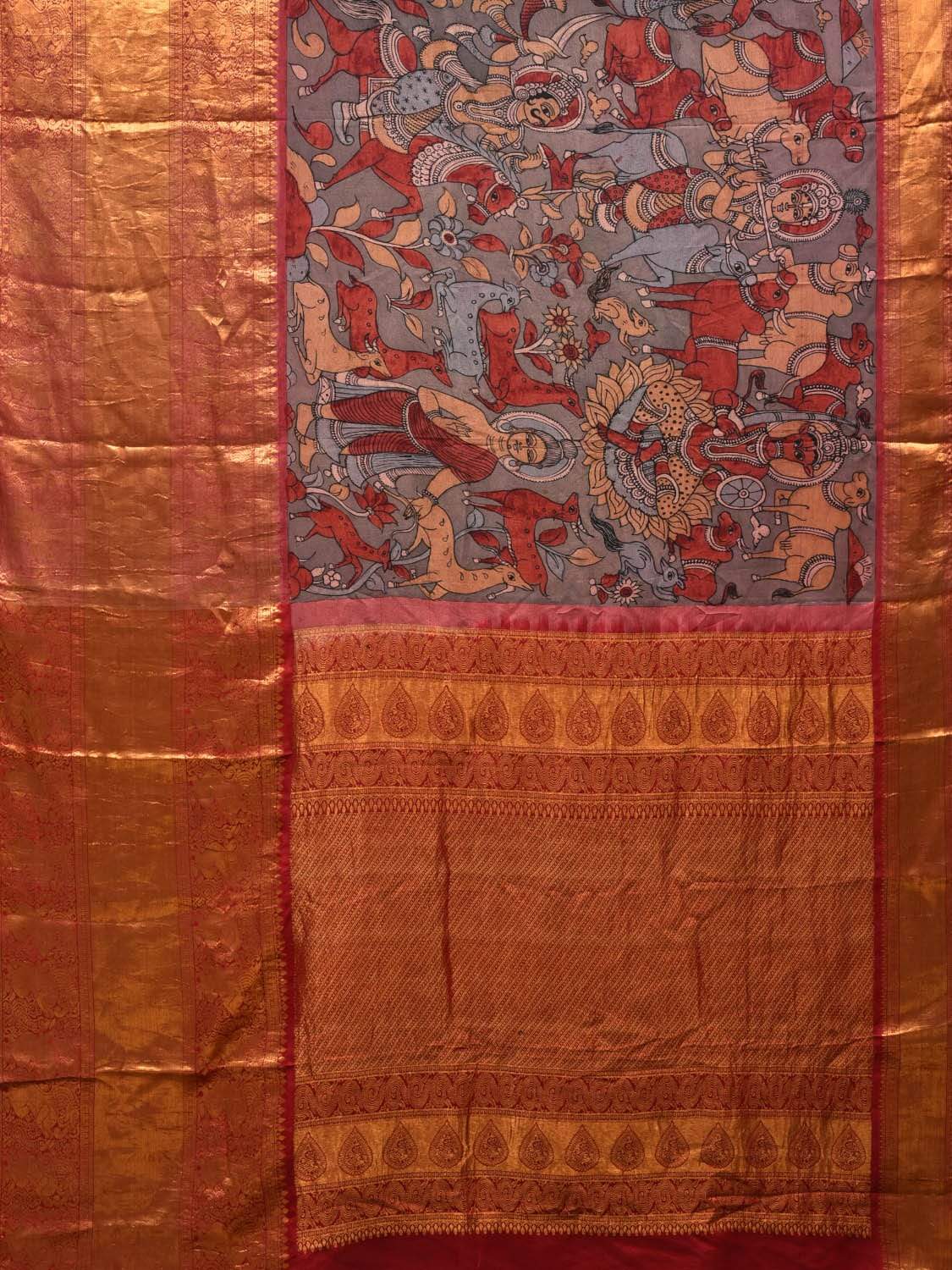 Grey and Red Kalamkari Hand Painted Kanchipuram Silk Handloom Saree with Dashavatar Design KL0539