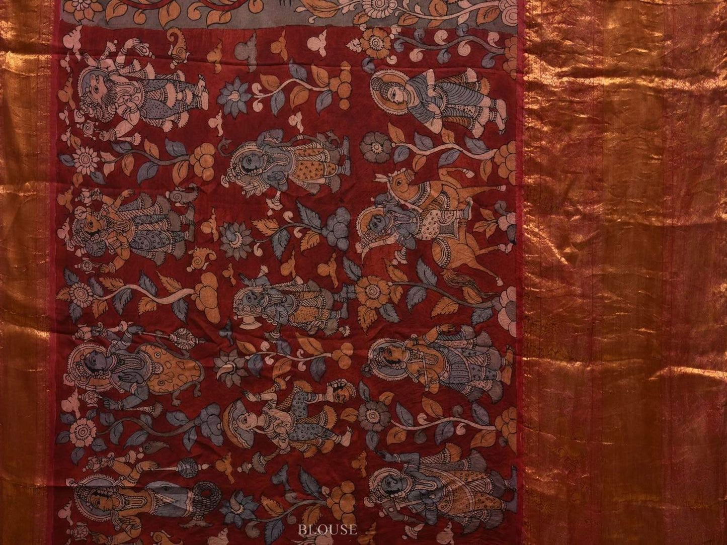Grey and Red Kalamkari Hand Painted Kanchipuram Silk Handloom Saree with Dashavatar Design KL0539