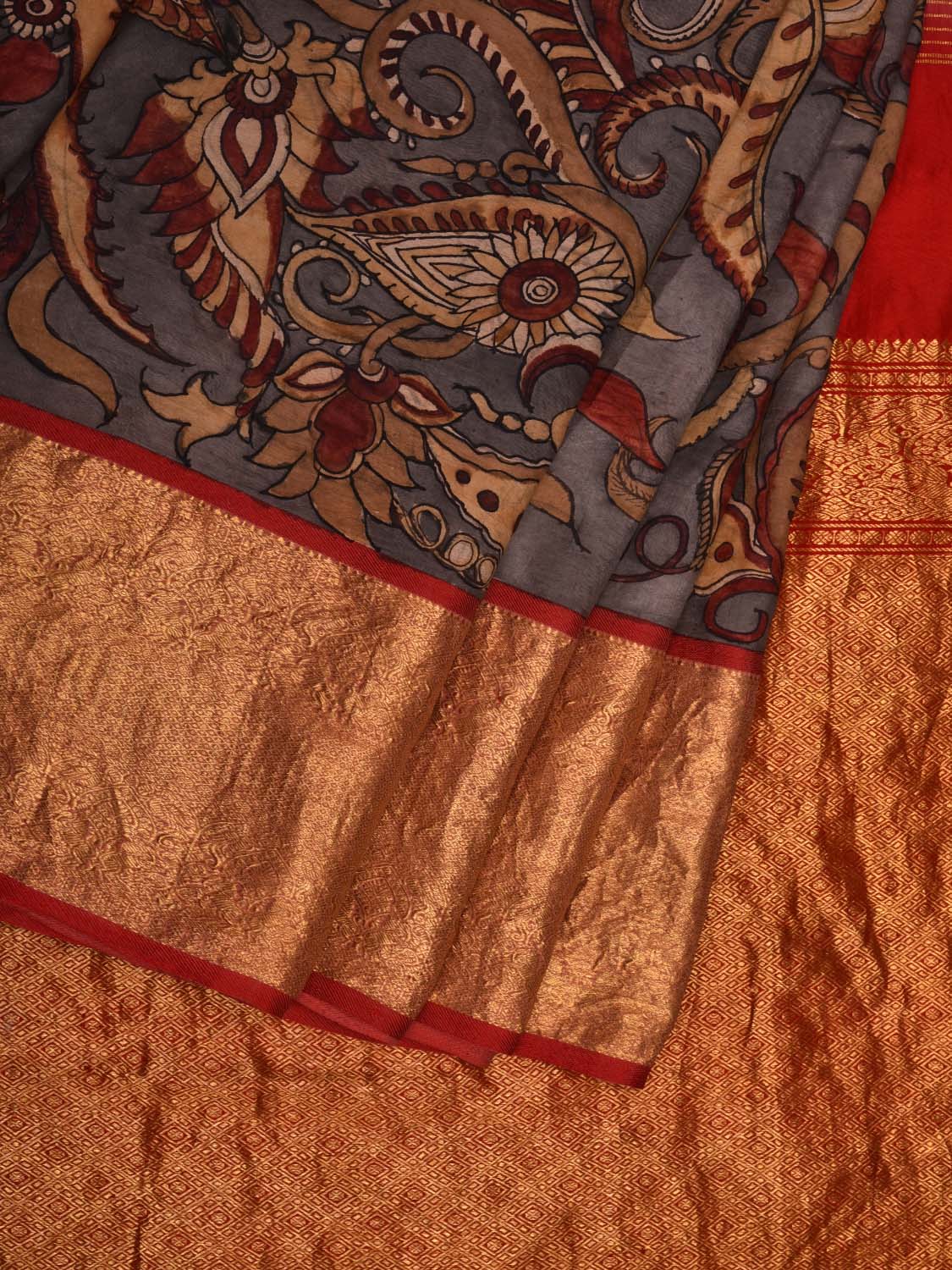 Grey and Red Kalamkari Hand Painted Kanchipuram Silk Handloom Saree with Floral Design KL0615