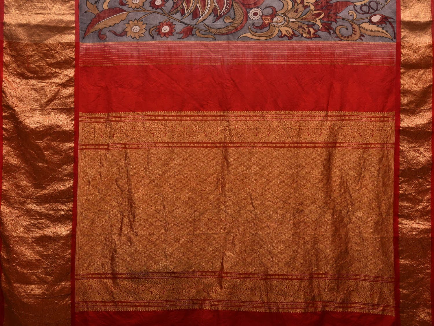 Grey and Red Kalamkari Hand Painted Kanchipuram Silk Handloom Saree with Floral Design KL0615