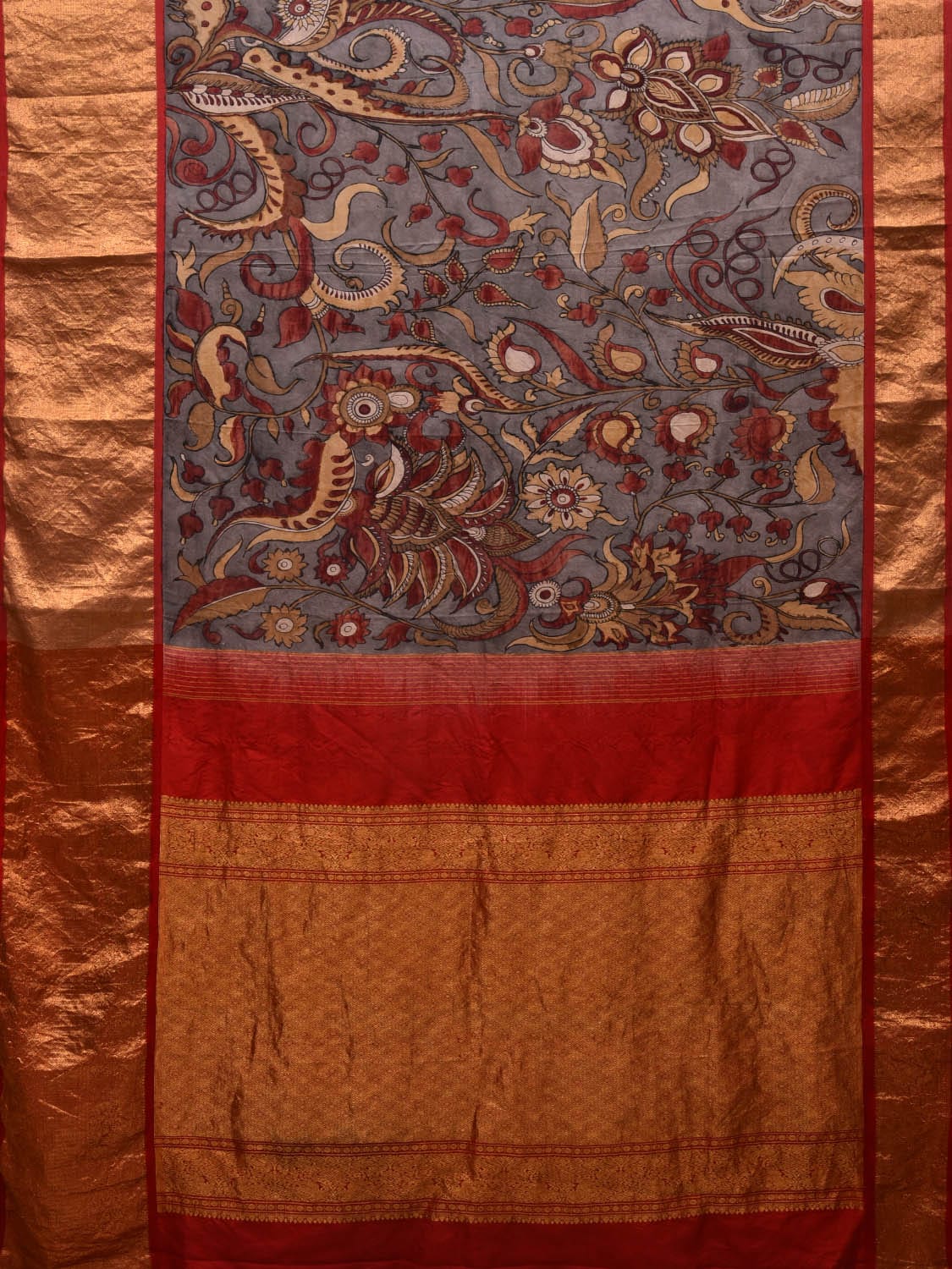 Grey and Red Kalamkari Hand Painted Kanchipuram Silk Handloom Saree with Floral Design KL0615