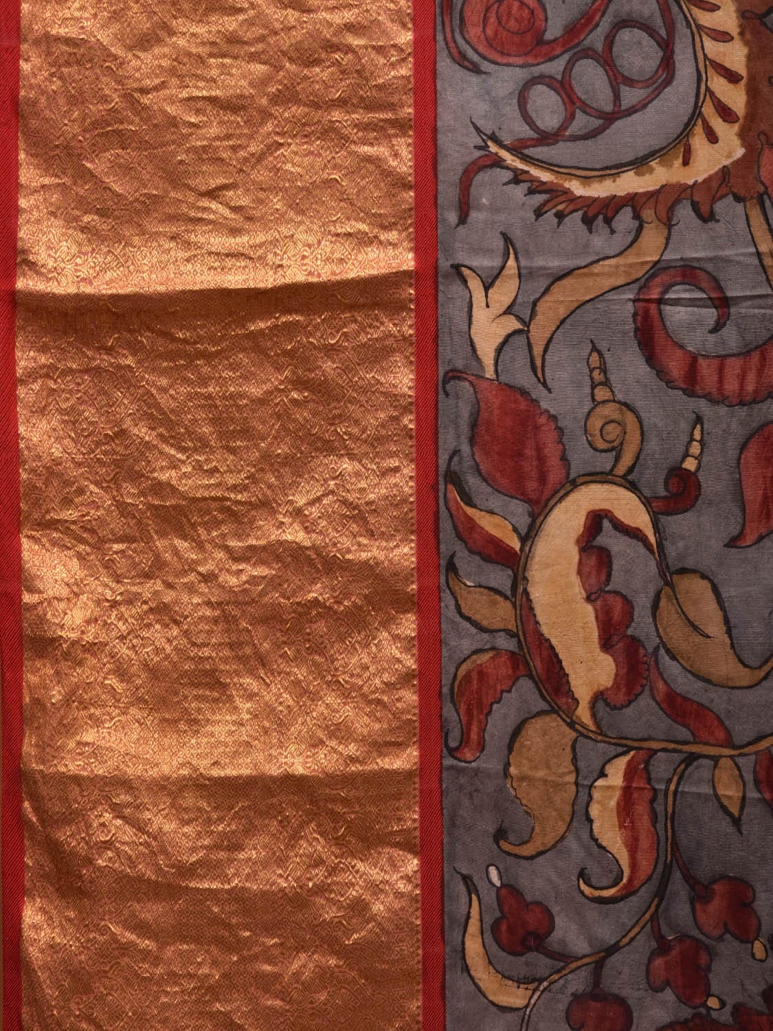 Grey and Red Kalamkari Hand Painted Kanchipuram Silk Handloom Saree with Floral Design KL0615