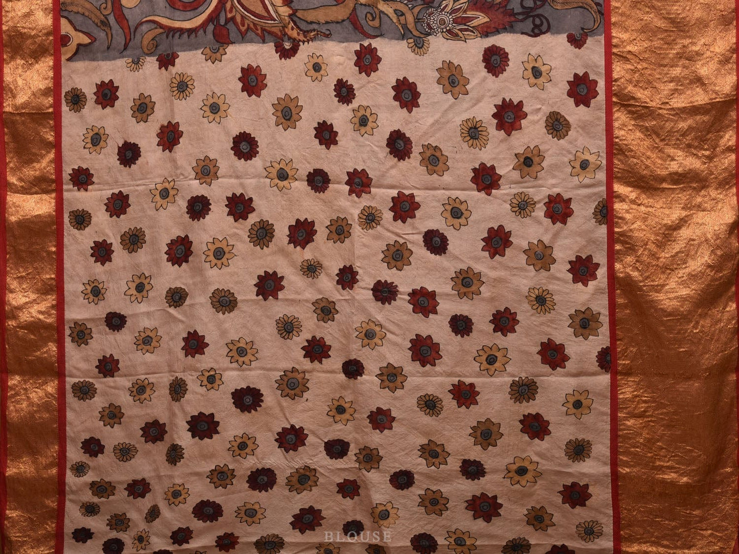 Grey and Red Kalamkari Hand Painted Kanchipuram Silk Handloom Saree with Floral Design KL0615