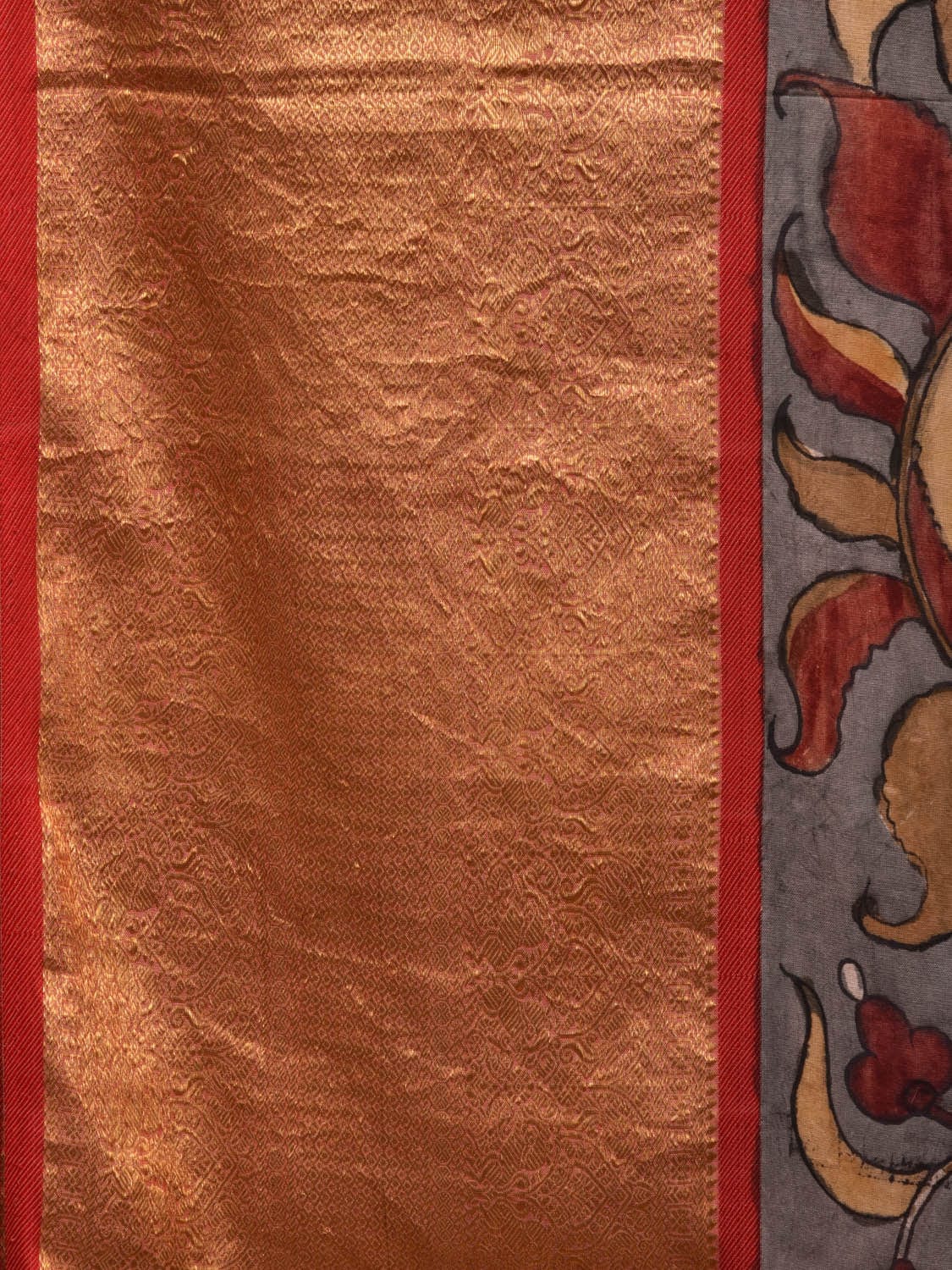 Grey and Red Kalamkari Hand Painted Kanchipuram Silk Handloom Saree with Floral Design KL0664