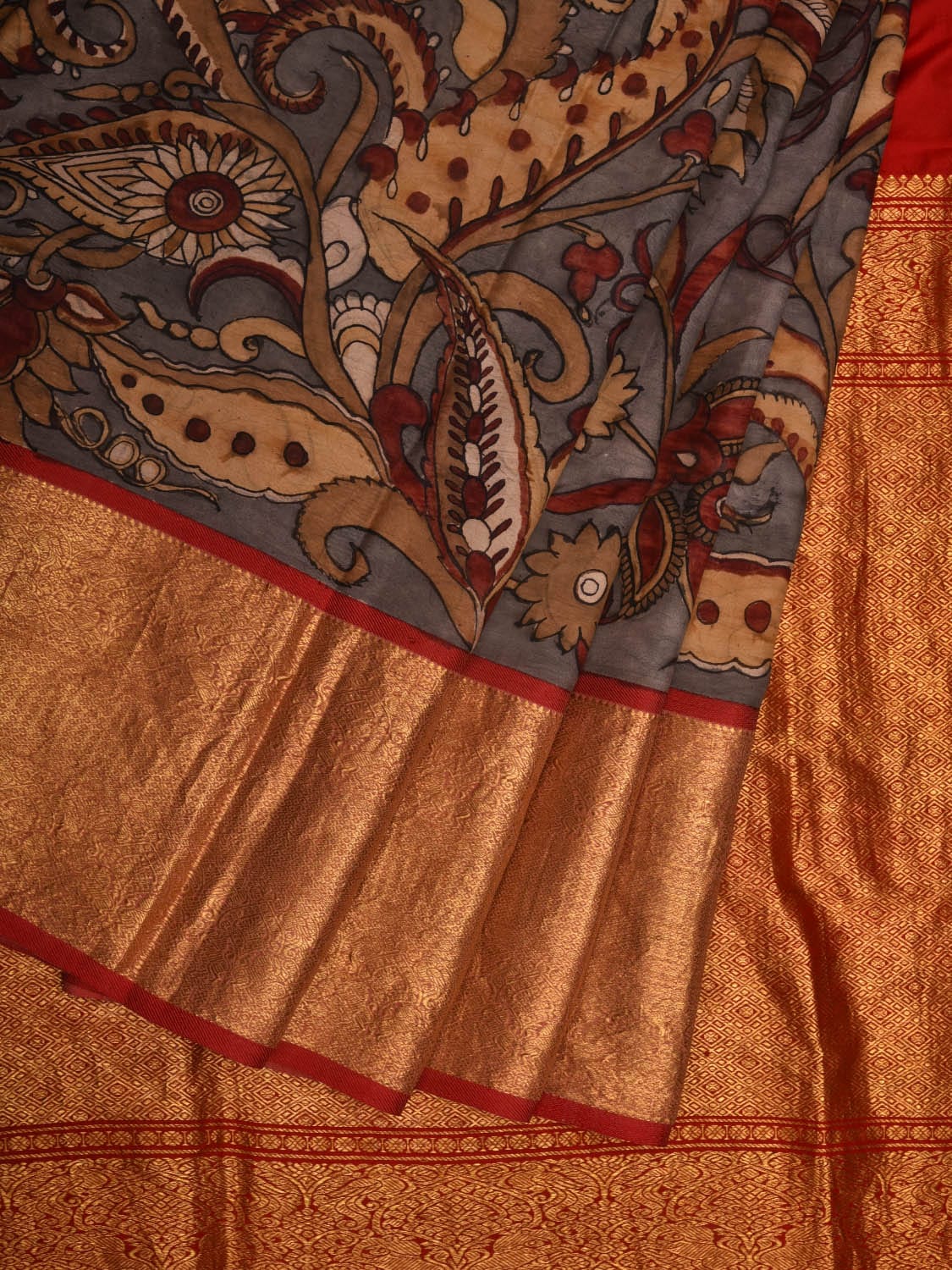 Grey and Red Kalamkari Hand Painted Kanchipuram Silk Handloom Saree with Floral Design KL0664
