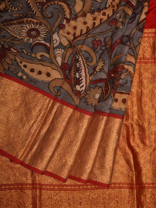 Grey and Red Kalamkari Hand Painted Kanchipuram Silk Handloom Saree with Floral Design KL0664