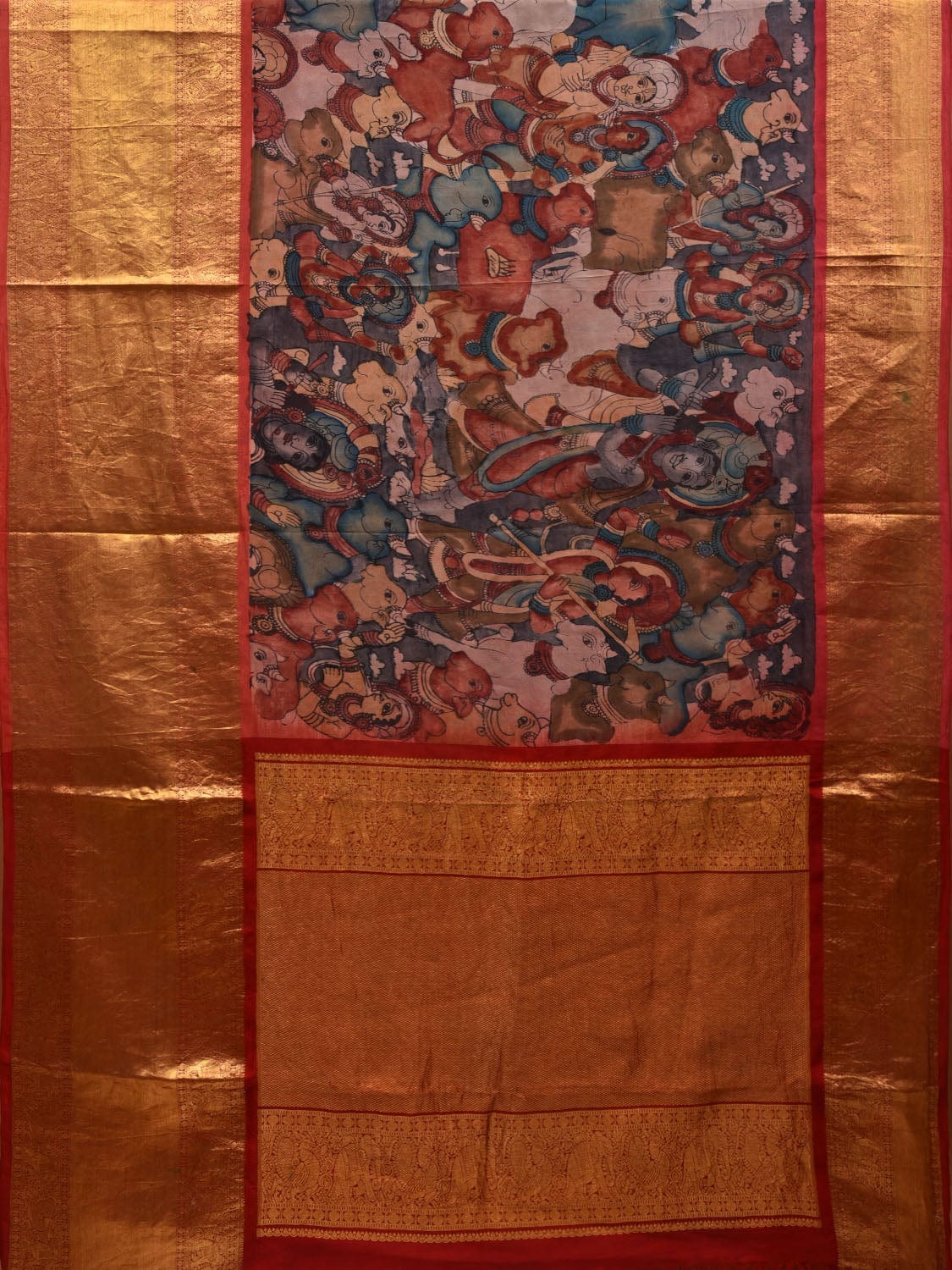 Grey and Red Kalamkari Hand Painted Kanchipuram Silk Handloom Saree with Krishna Leela Design KL0630