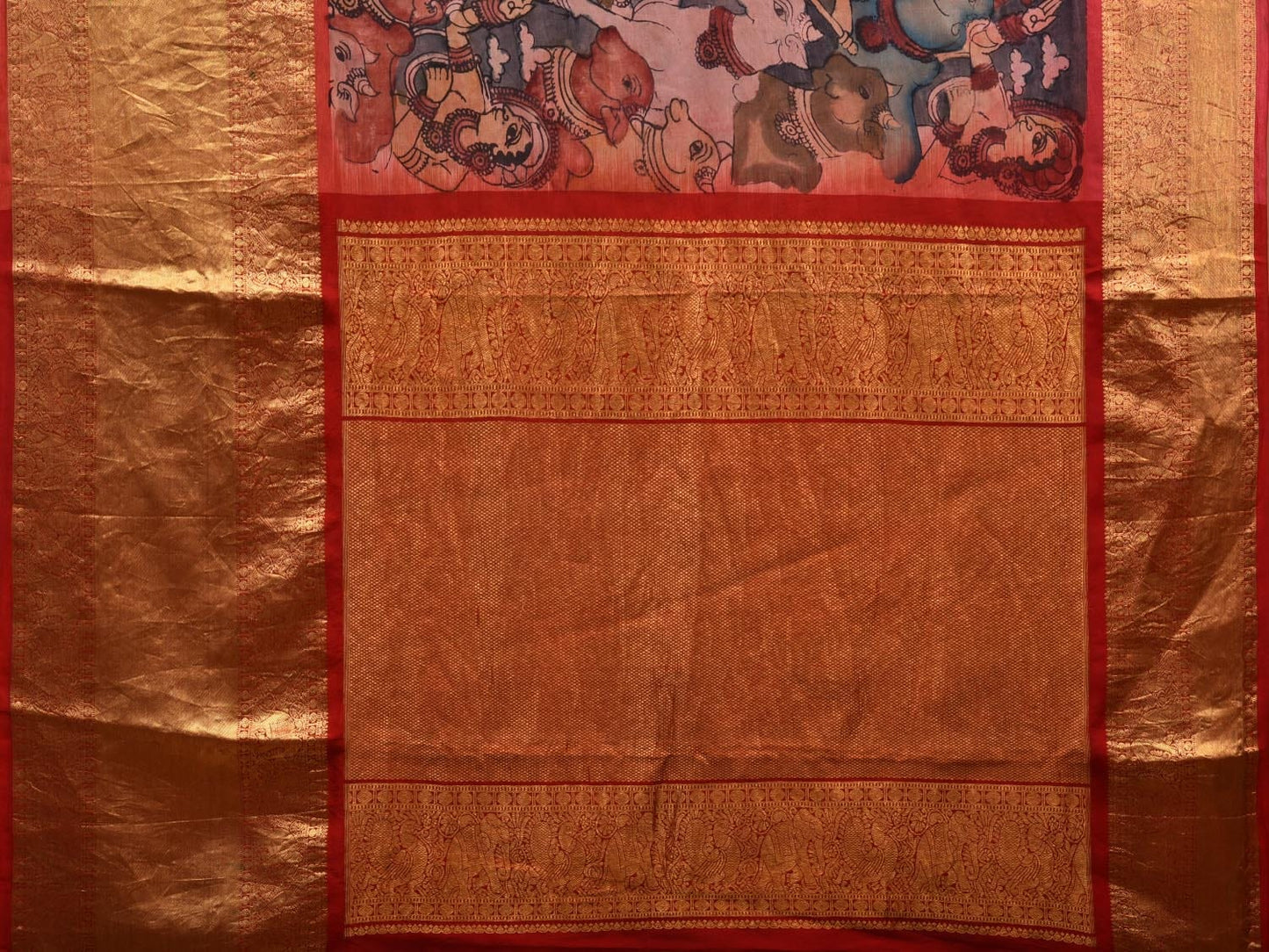 Grey and Red Kalamkari Hand Painted Kanchipuram Silk Handloom Saree with Krishna Leela Design KL0630