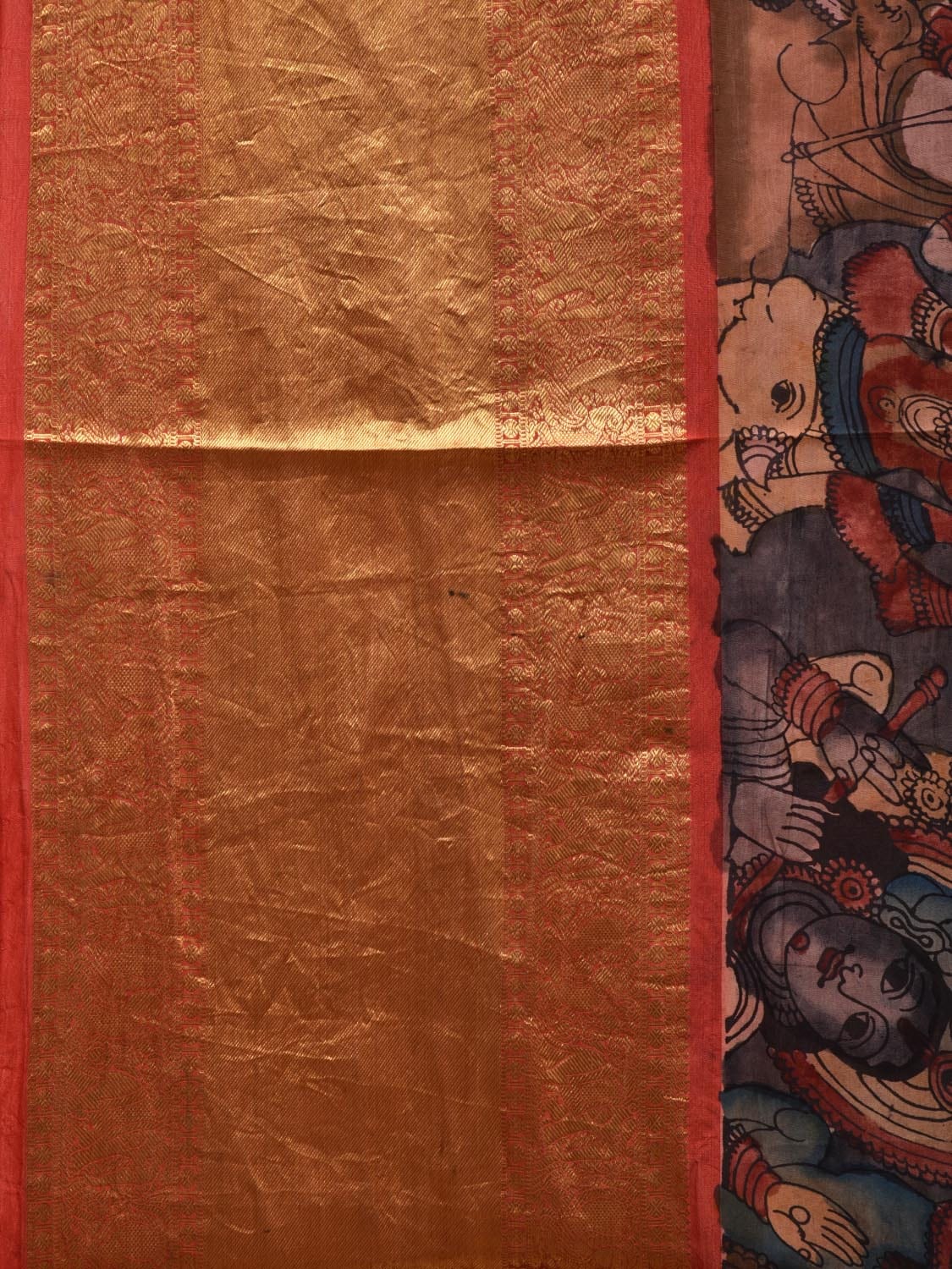 Grey and Red Kalamkari Hand Painted Kanchipuram Silk Handloom Saree with Krishna Leela Design KL0630