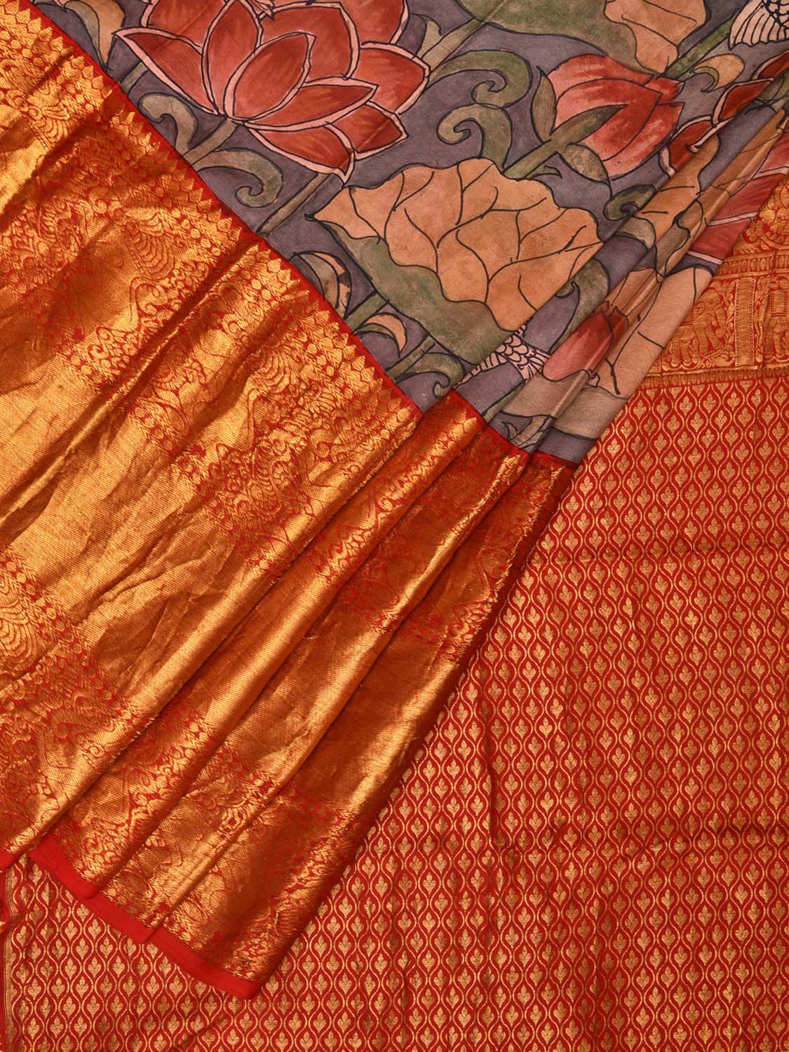 Grey and Red Kalamkari Hand Painted Kanchipuram Silk Handloom Saree with Lotus and Fish Design KL0740