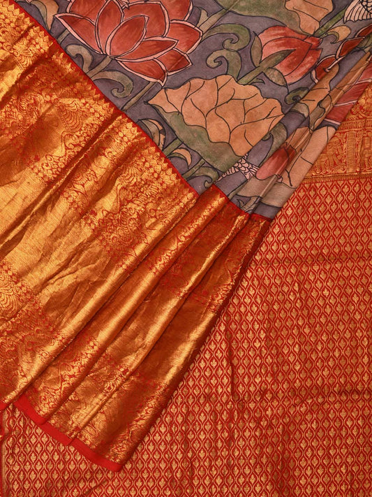 Grey and Red Kalamkari Hand Painted Kanchipuram Silk Handloom Saree with Lotus and Fish Design KL0740