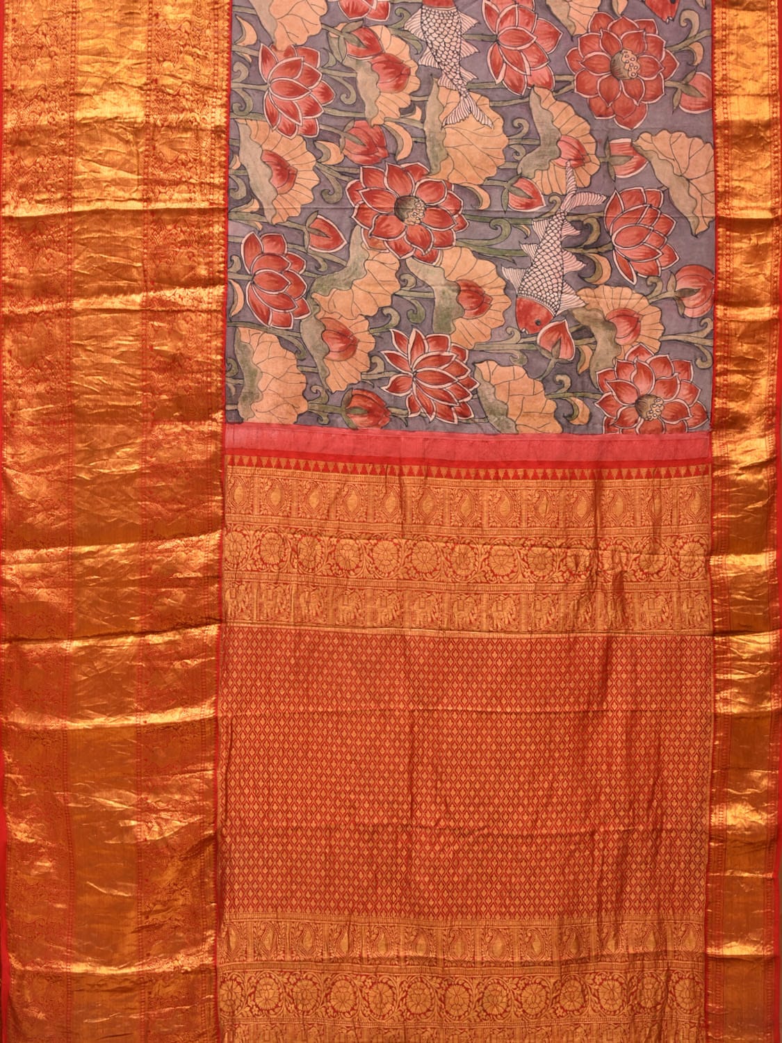 Grey and Red Kalamkari Hand Painted Kanchipuram Silk Handloom Saree with Lotus and Fish Design KL0740