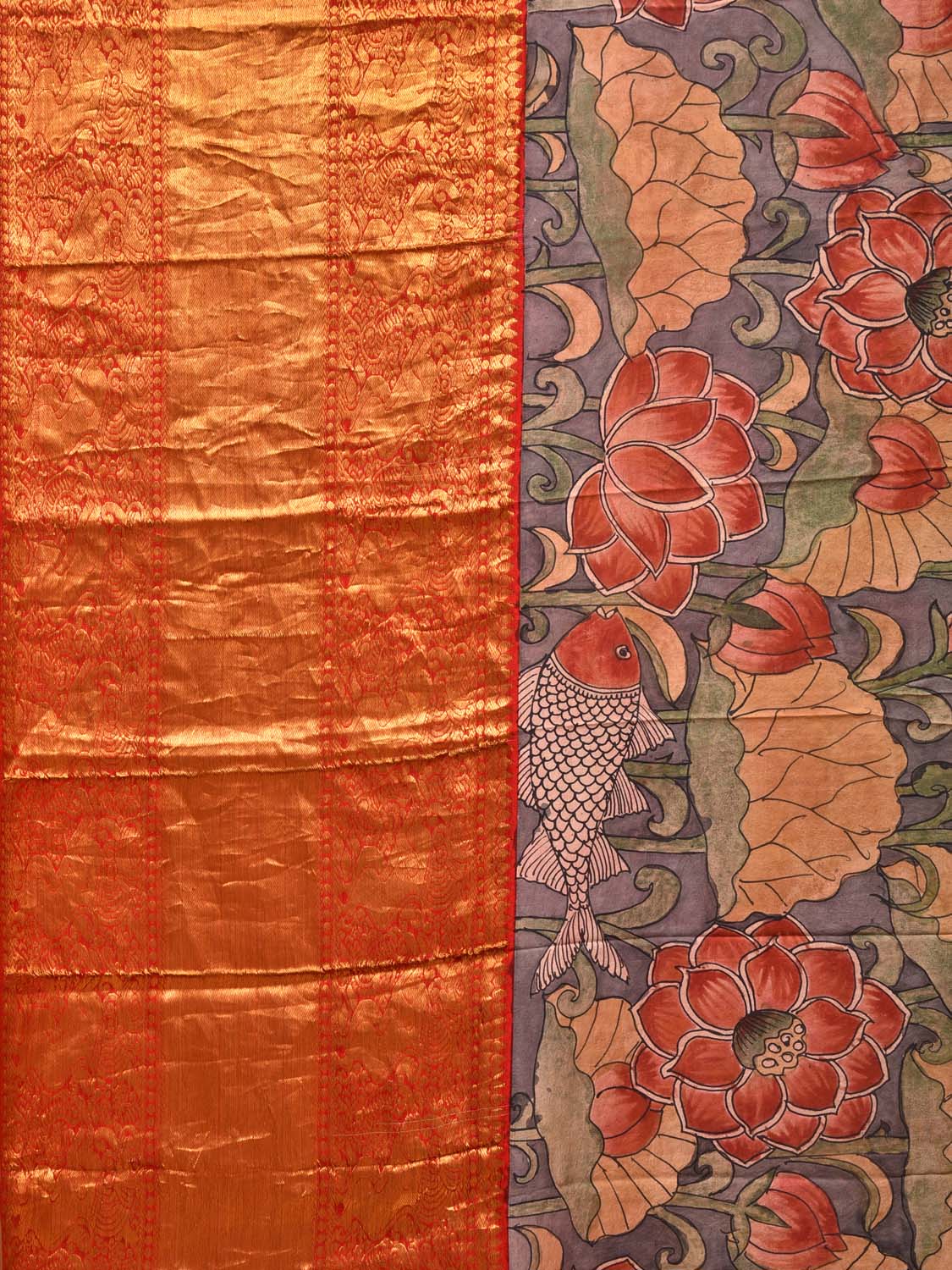 Grey and Red Kalamkari Hand Painted Kanchipuram Silk Handloom Saree with Lotus and Fish Design KL0740