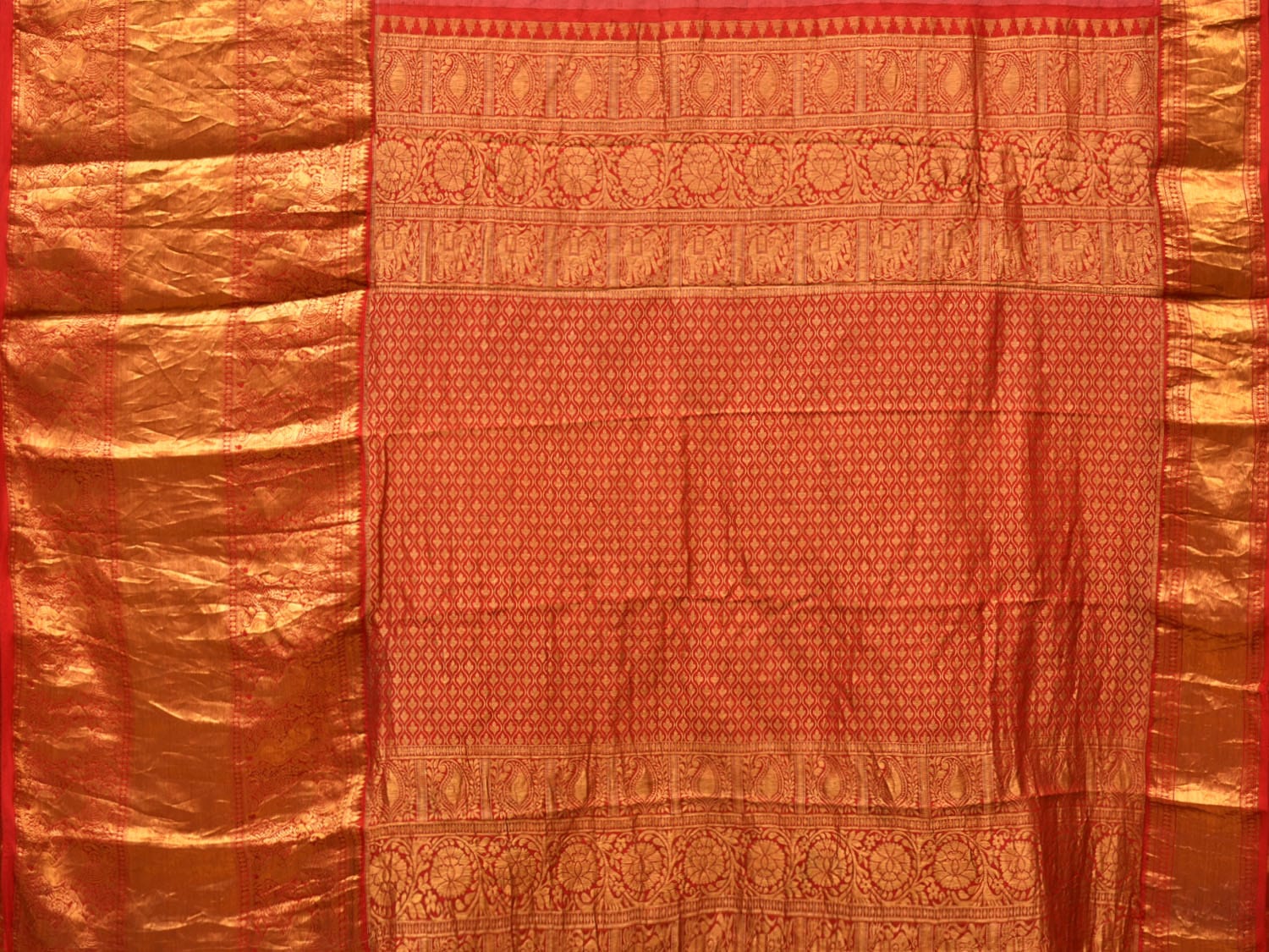 Grey and Red Kalamkari Hand Painted Kanchipuram Silk Handloom Saree with Lotus and Fish Design KL0740