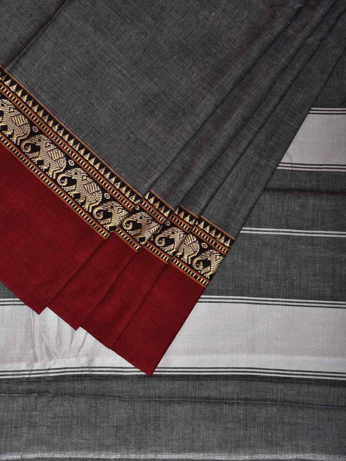 Grey and Red Narayanpet Cotton Plain Saree with Strips and Elephant Border Design No Blouse np1094