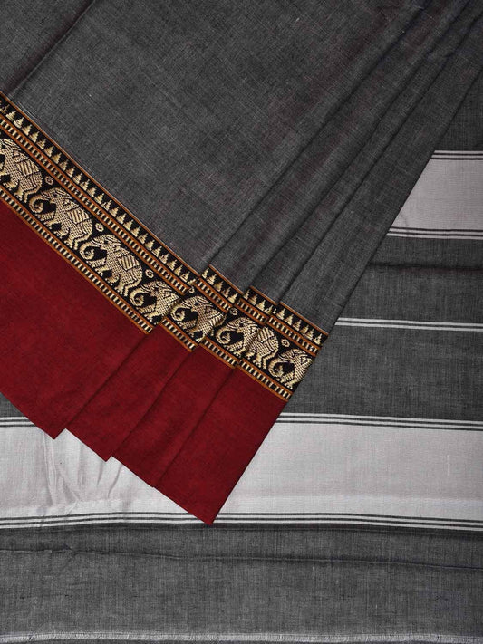 Grey and Red Narayanpet Cotton Plain Saree with Strips and Elephant Border Design No Blouse np1094