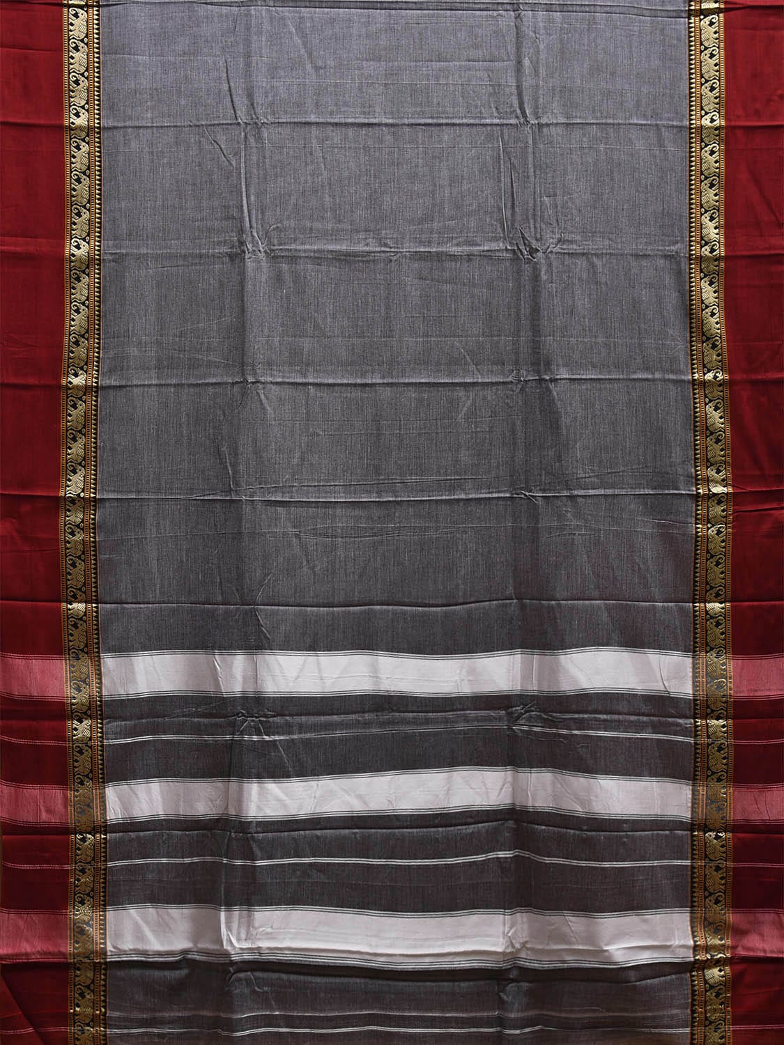 Grey and Red Narayanpet Cotton Plain Saree with Strips and Elephant Border Design No Blouse np1094