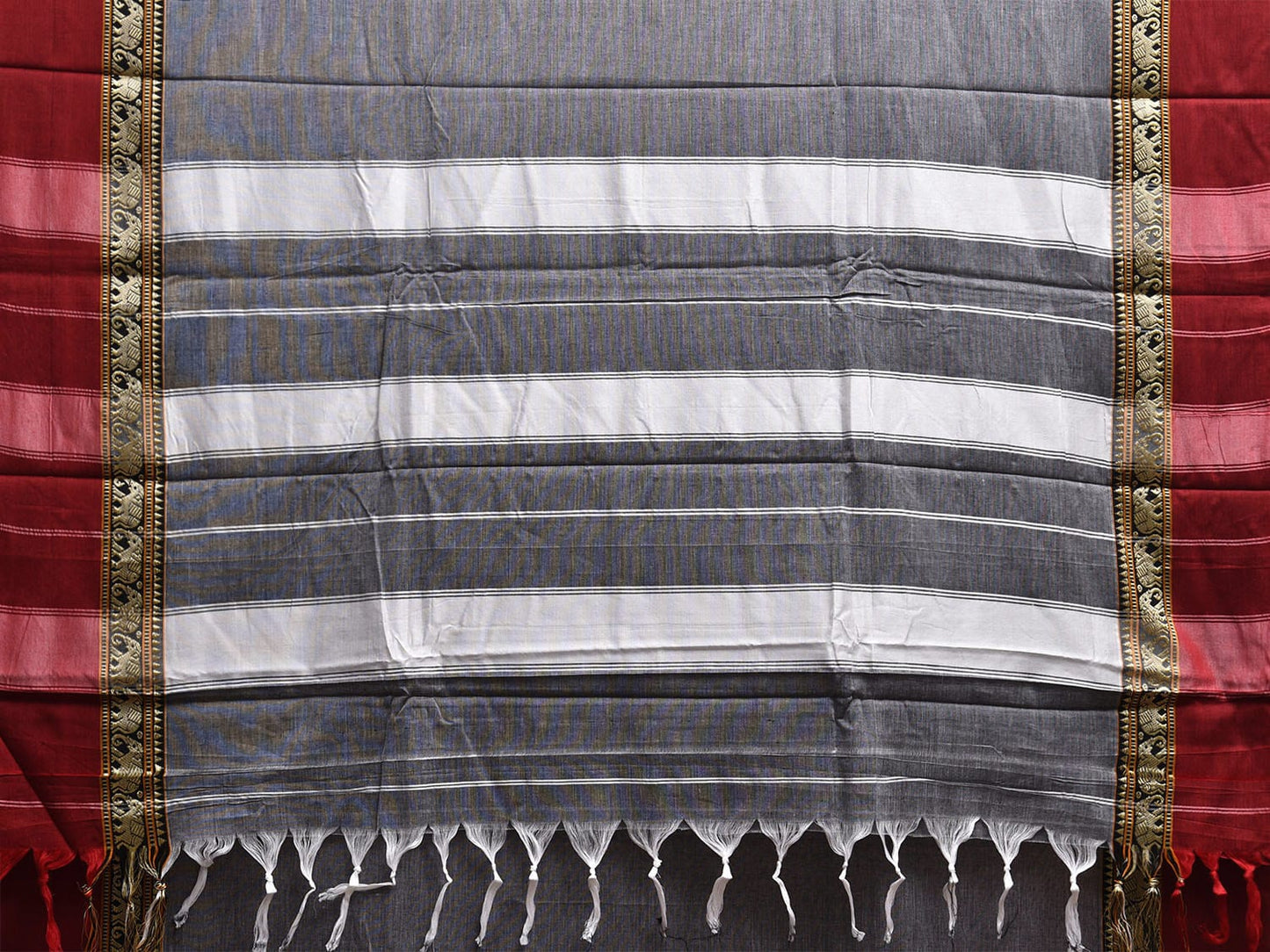 Grey and Red Narayanpet Cotton Plain Saree with Strips and Elephant Border Design No Blouse np1094