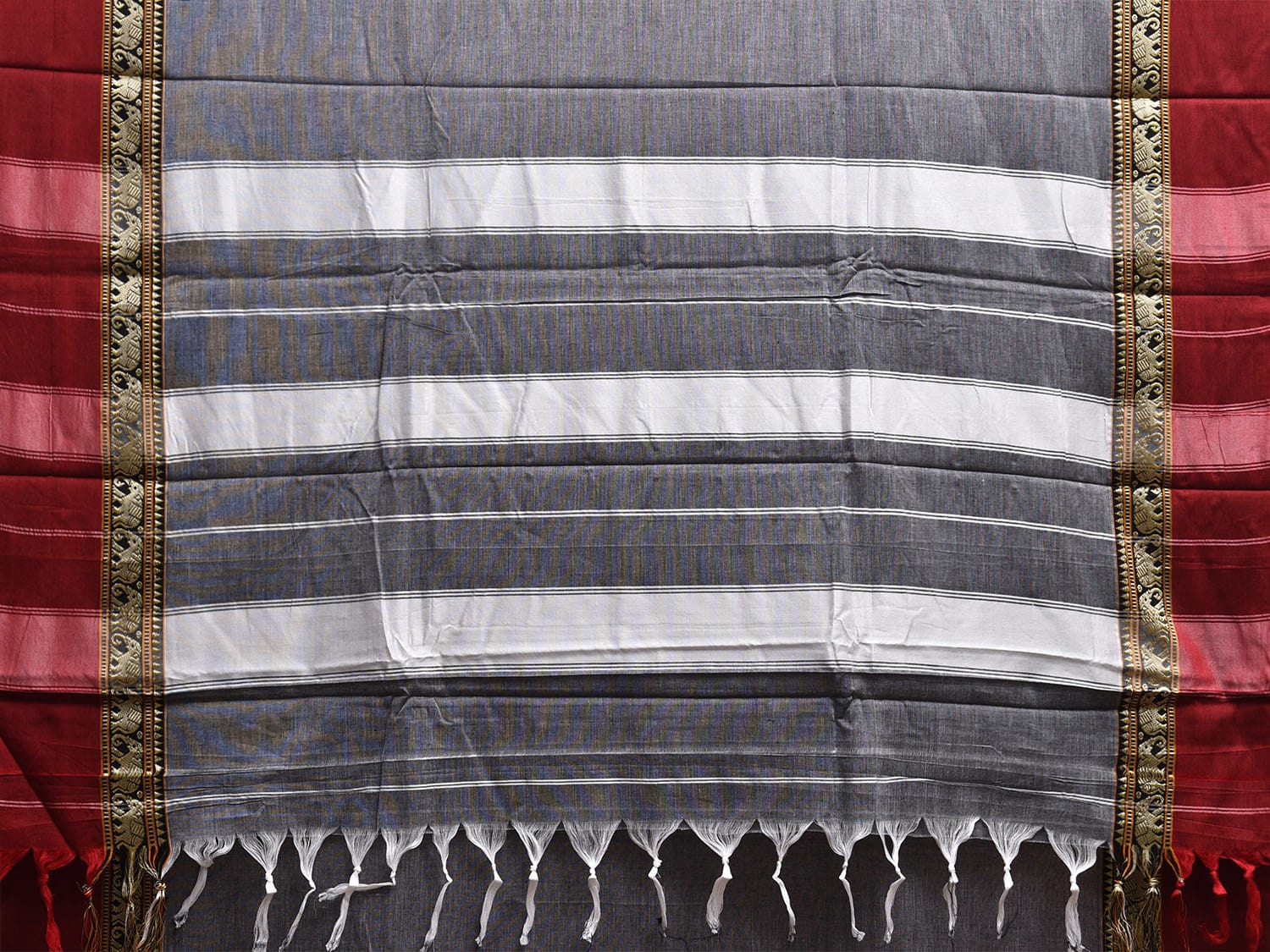 Grey and Red Narayanpet Cotton Plain Saree with Strips and Elephant Border Design No Blouse np1094