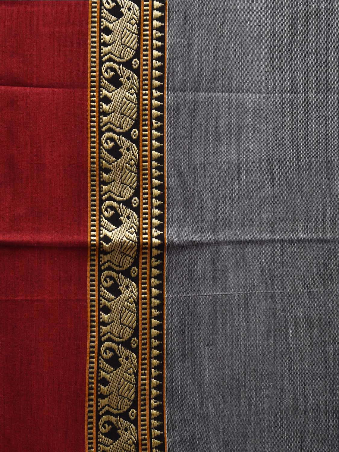 Grey and Red Narayanpet Cotton Plain Saree with Strips and Elephant Border Design No Blouse np1094