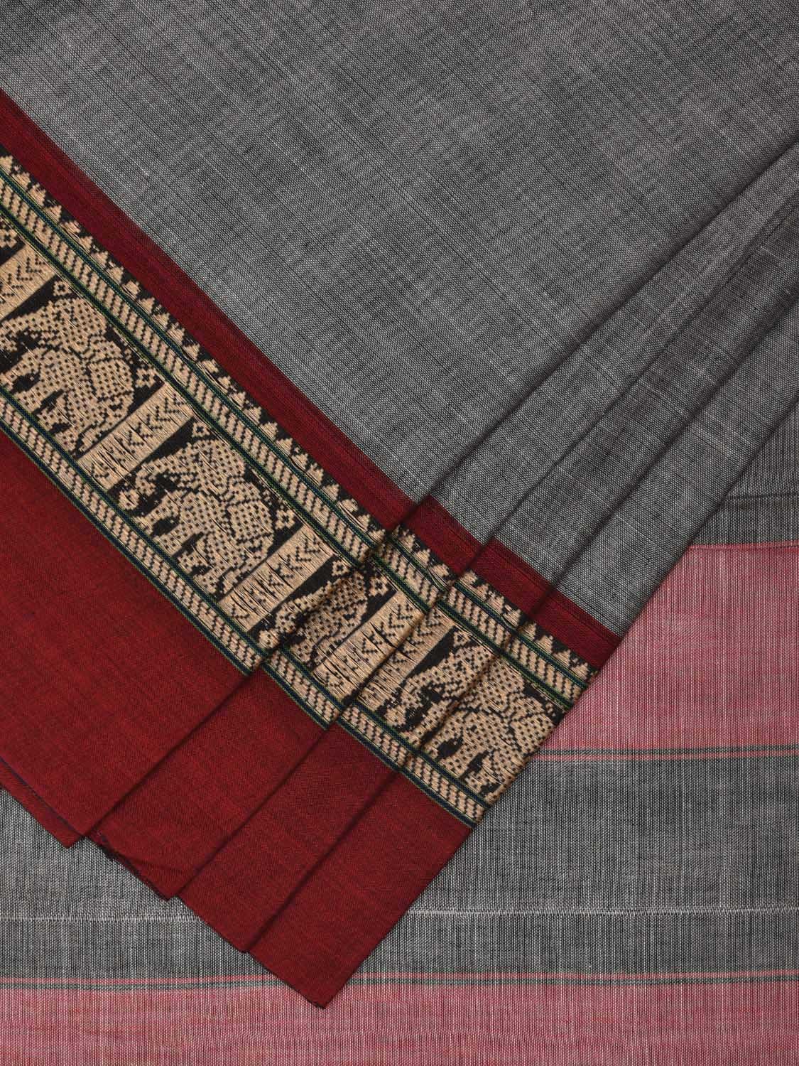 Grey and Red Narayanpet Cotton Saree with Elephant Border Design No Blouse np0895