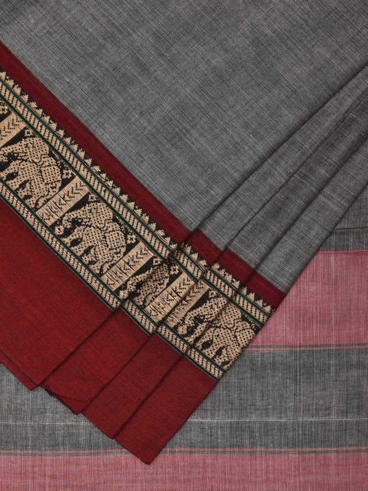 Grey and Red Narayanpet Cotton Saree with Elephant Border Design No Blouse np0895