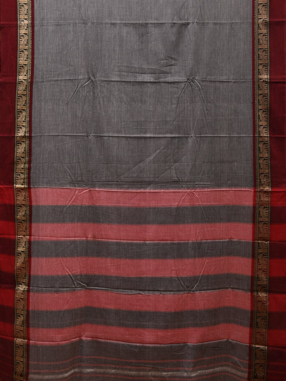 Grey and Red Narayanpet Cotton Saree with Elephant Border Design No Blouse np0895