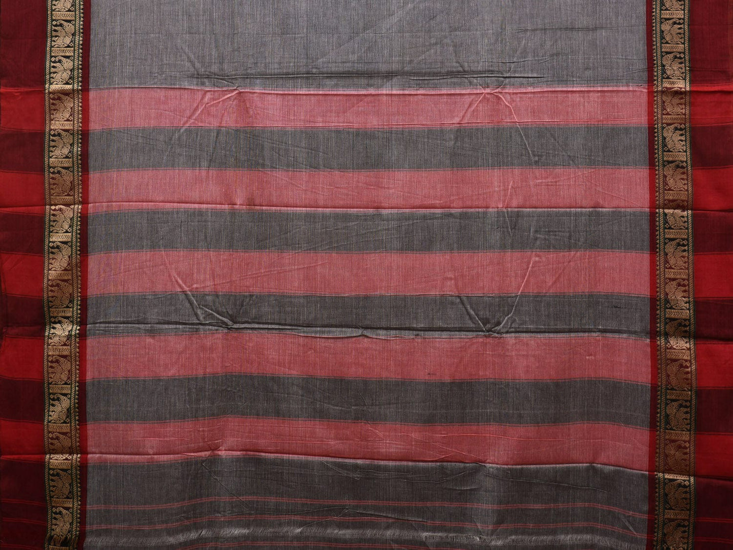 Grey and Red Narayanpet Cotton Saree with Elephant Border Design No Blouse np0895