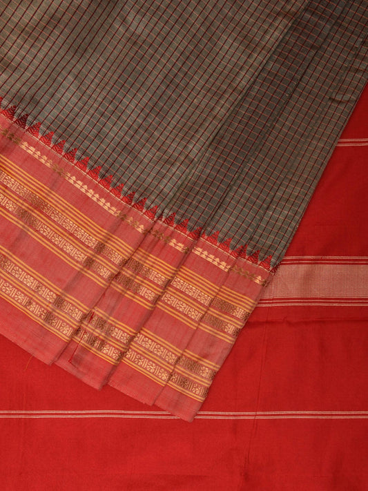 Grey and Red Narayanpet Silk Handloom Saree with Checks Design np0951