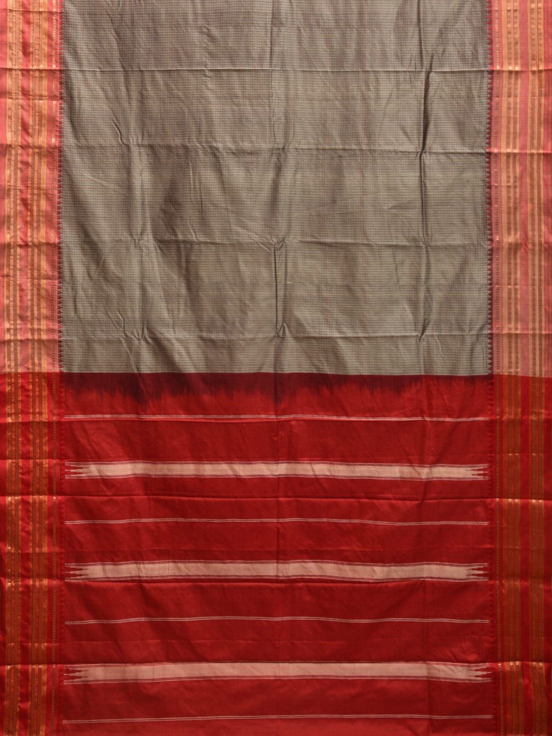 Grey and Red Narayanpet Silk Handloom Saree with Checks Design np0951