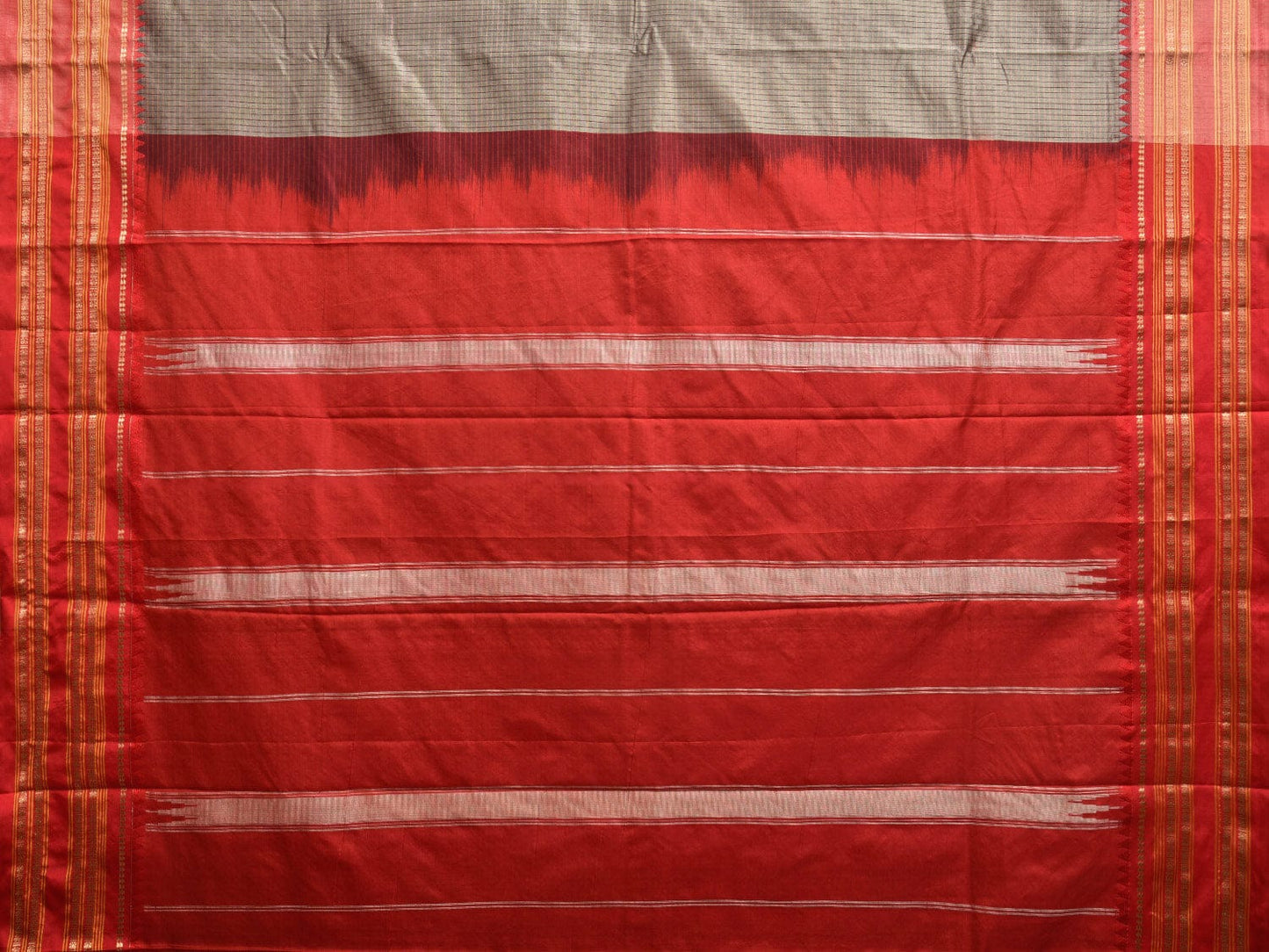 Grey and Red Narayanpet Silk Handloom Saree with Checks Design np0951