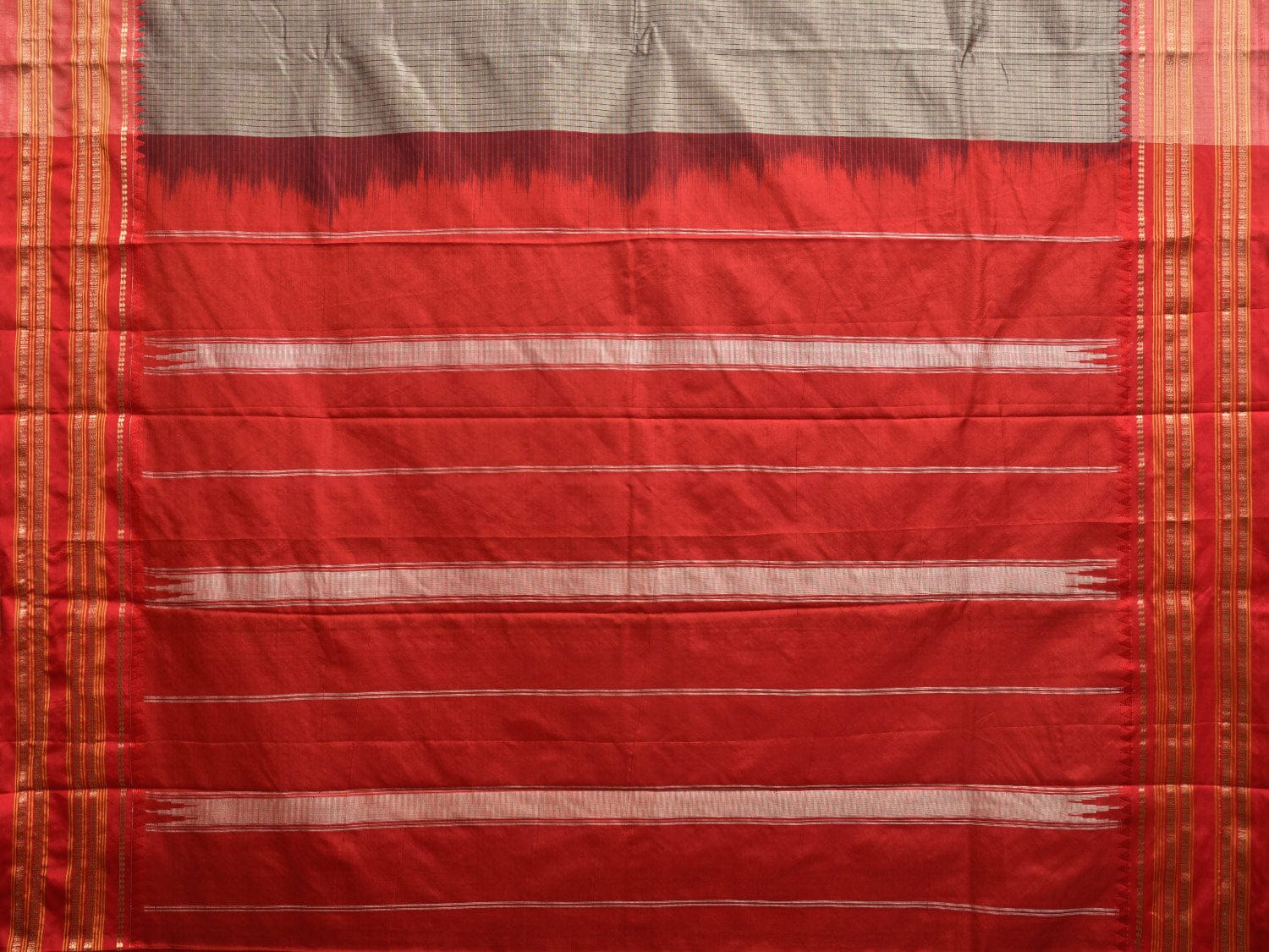 Grey and Red Narayanpet Silk Handloom Saree with Checks Design np0951