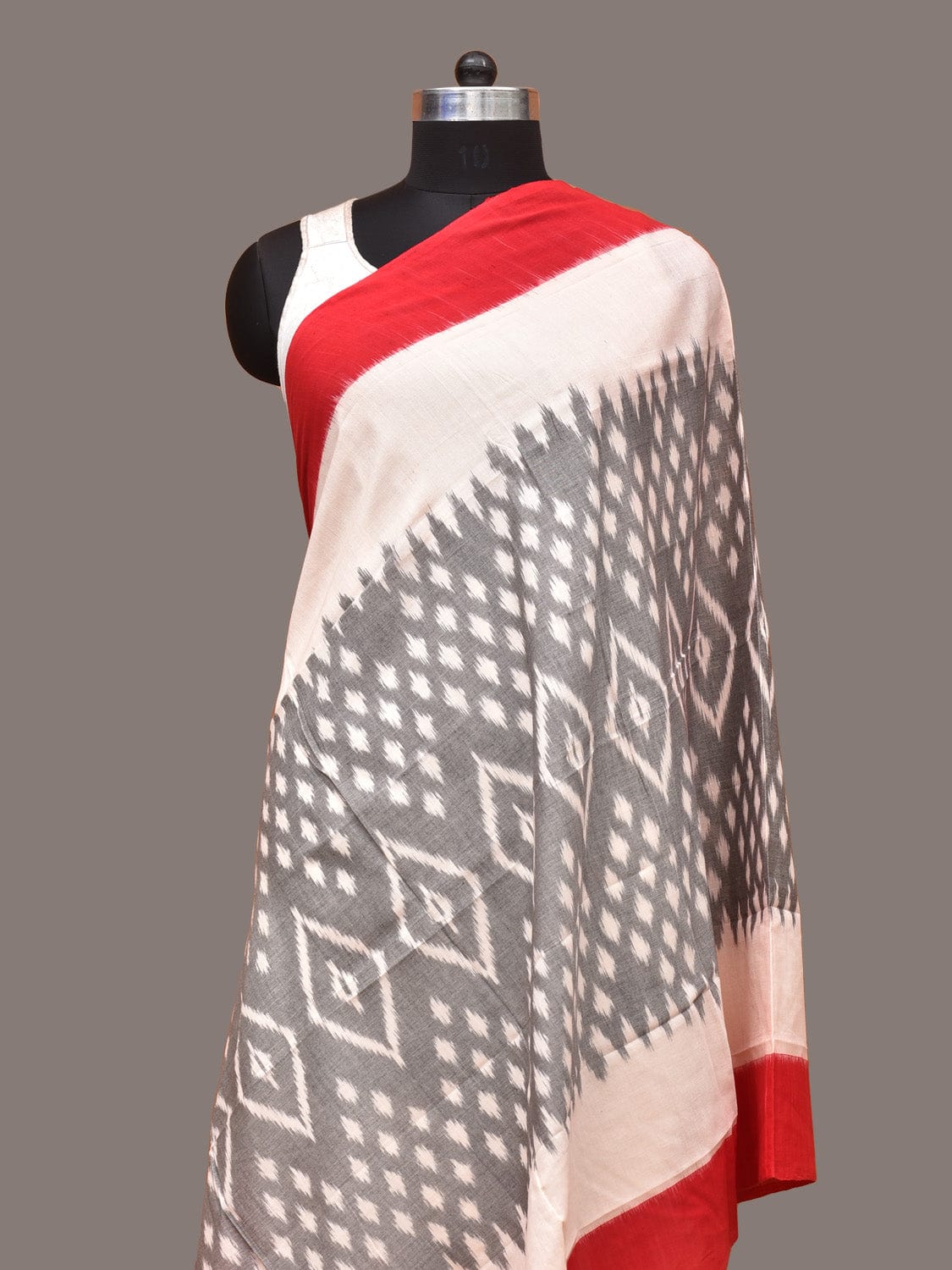 Grey and Red Pochampally Ikat Cotton Handloom Dupatta with Diamond Design ds3330