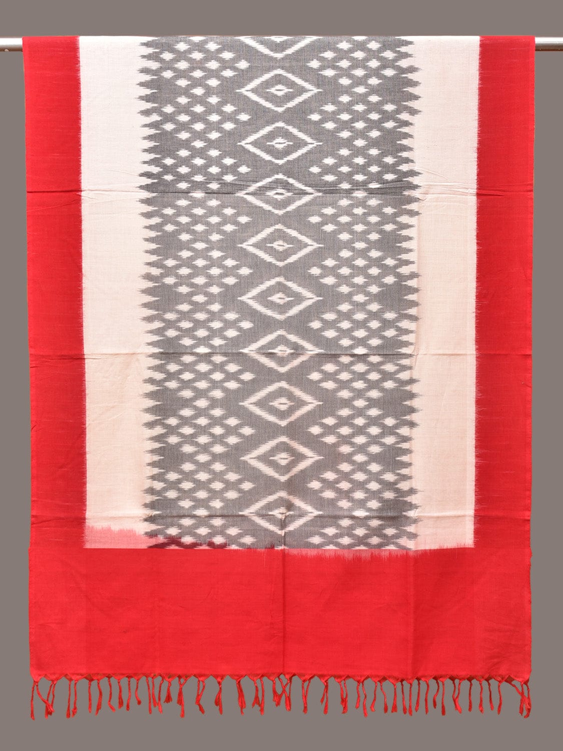Grey and Red Pochampally Ikat Cotton Handloom Dupatta with Diamond Design ds3330