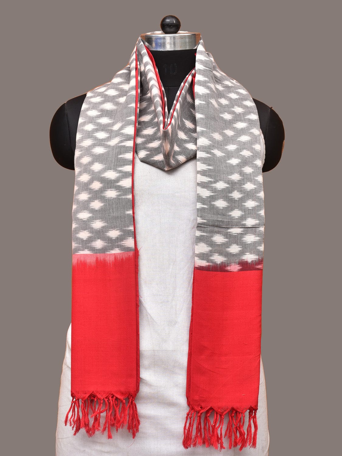 Grey and Red Pochampally Ikat Cotton Handloom Dupatta with Diamond Design ds3330