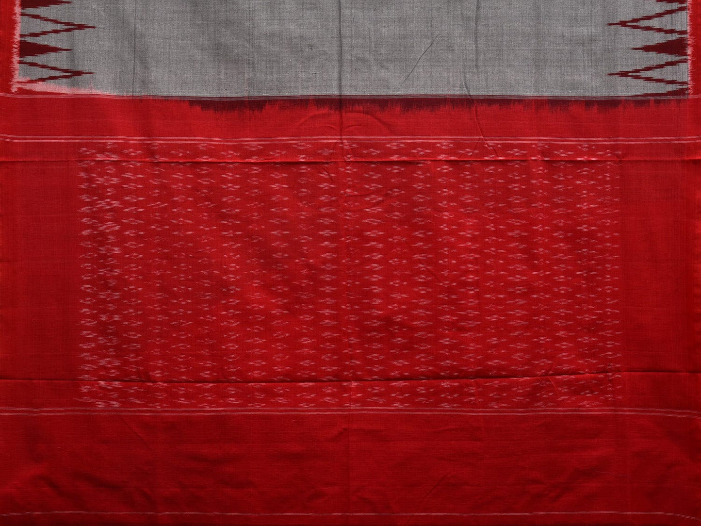 Grey and Red Pochampally Ikat Cotton Handloom Saree with Big Temple Border Design i0651