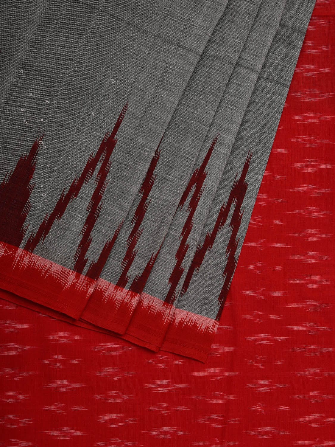 Grey and Red Pochampally Ikat Cotton Handloom Saree with Big Temple Border Design i0651