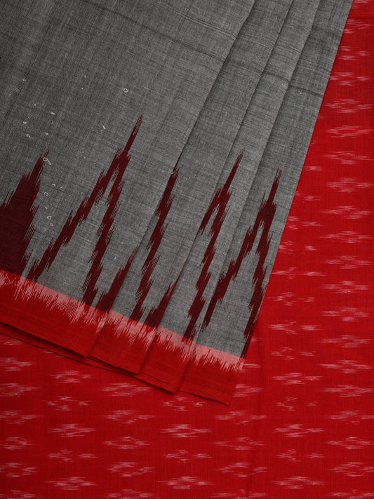 Grey and Red Pochampally Ikat Cotton Handloom Saree with Big Temple Border Design i0651