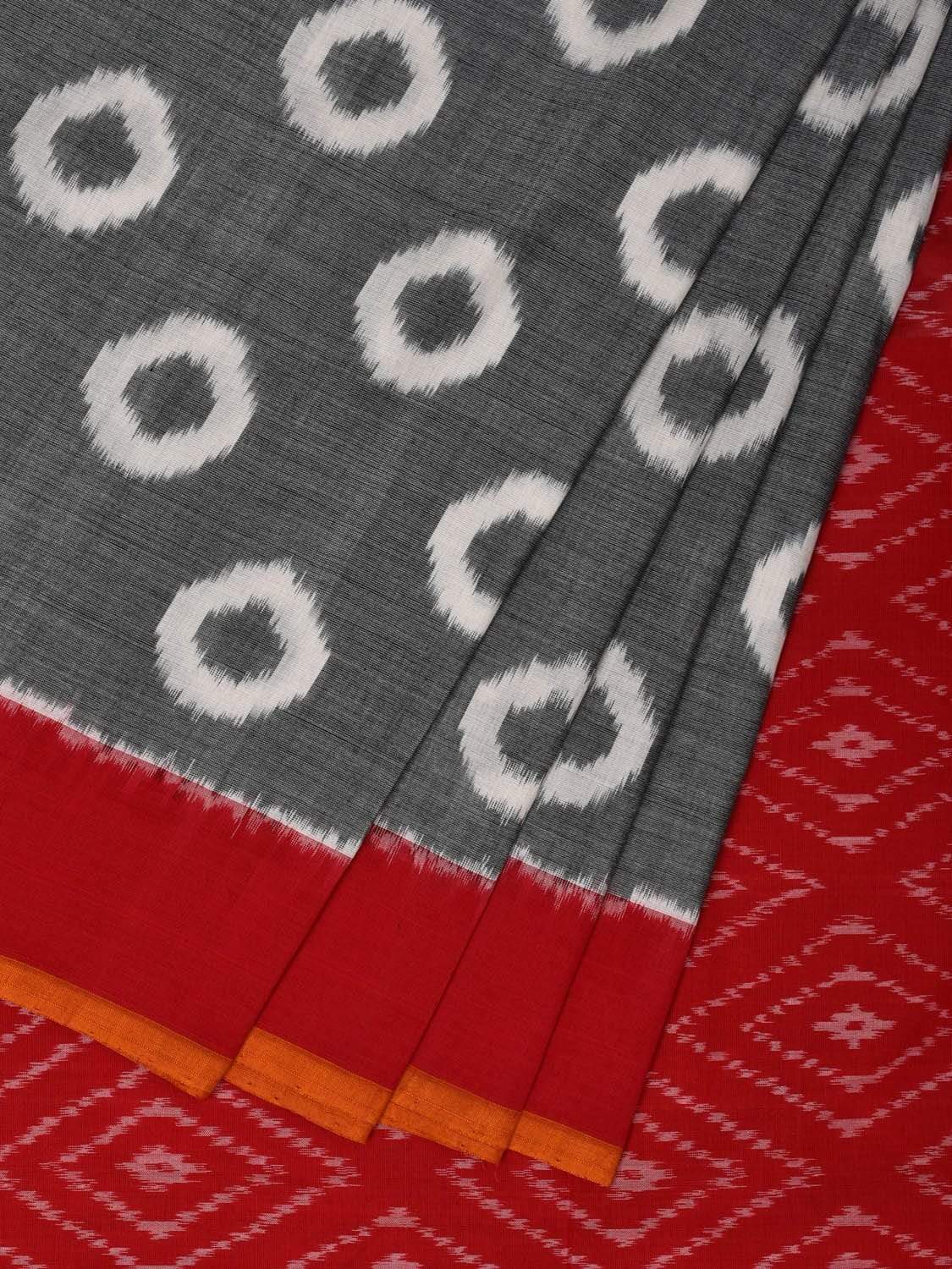 Grey and Red Pochampally Ikat Cotton Handloom Saree with Circle Buta Design i0624
