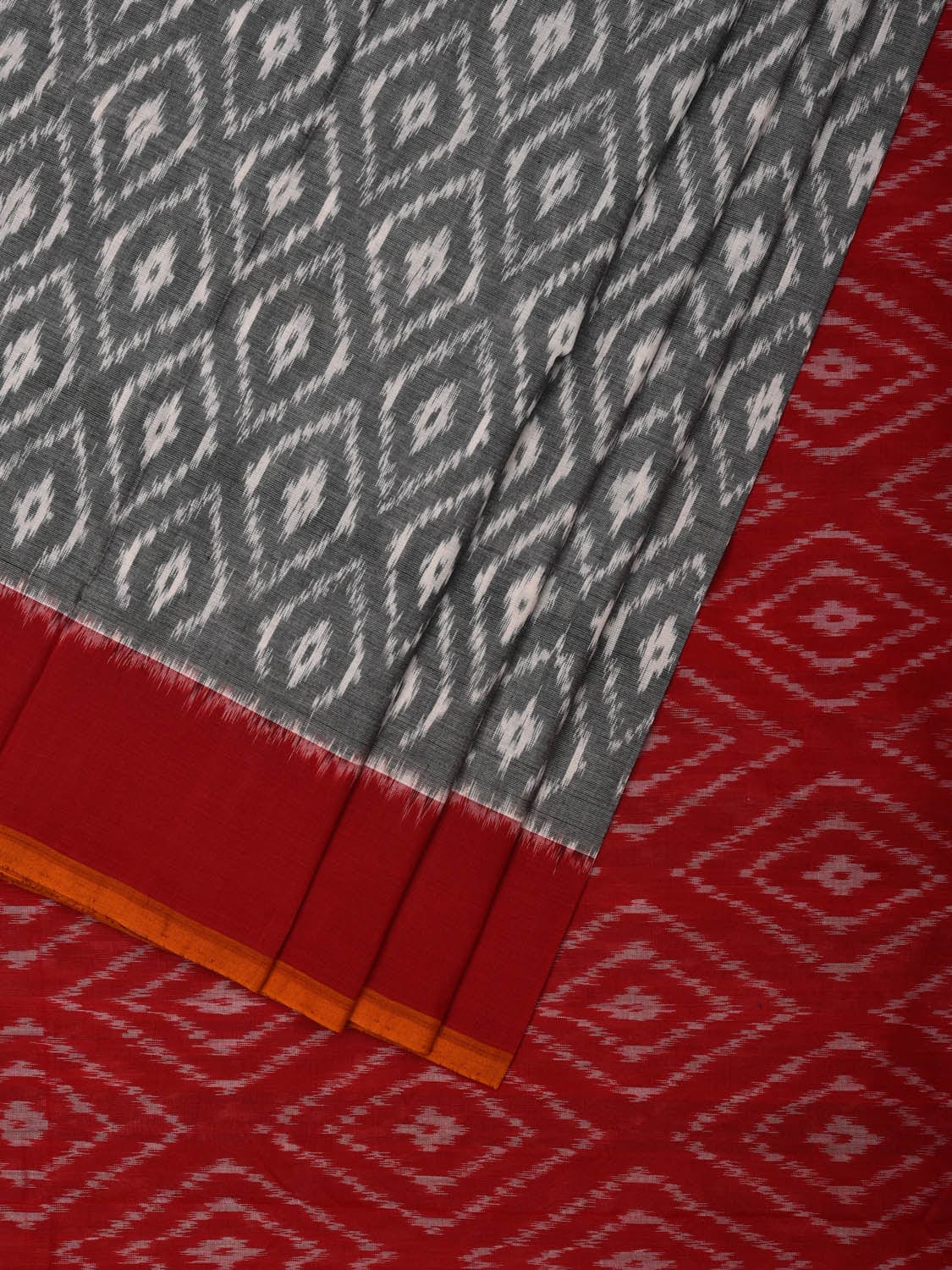 Grey and Red Pochampally Ikat Cotton Handloom Saree with Grill Design i0646