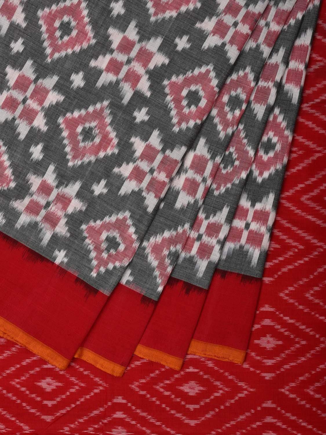 Grey and Red Pochampally Ikat Cotton Handloom Saree with Telia Design i0607